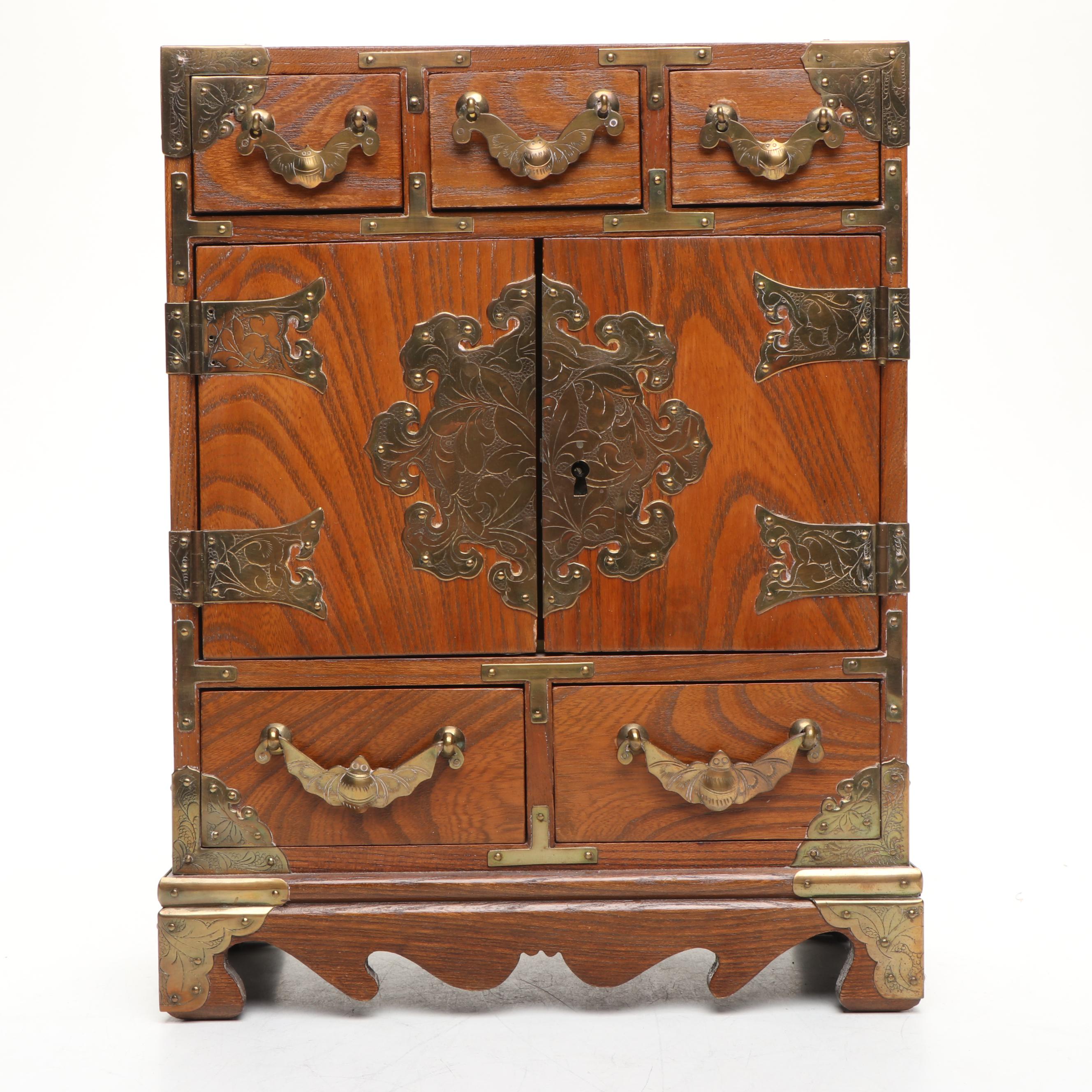 Asian Style Brass Mounted Wooden Jewelry Box with Rocking Horse