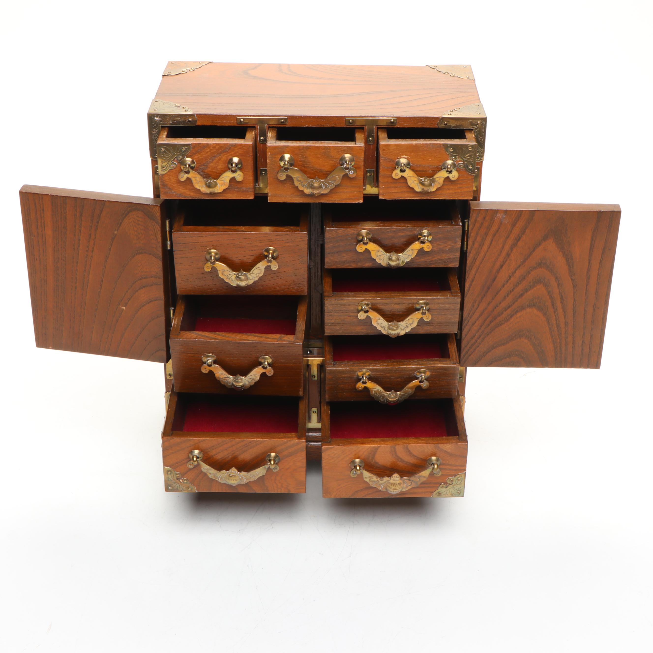 Asian Style Brass Mounted Wooden Jewelry Box with Rocking Horse