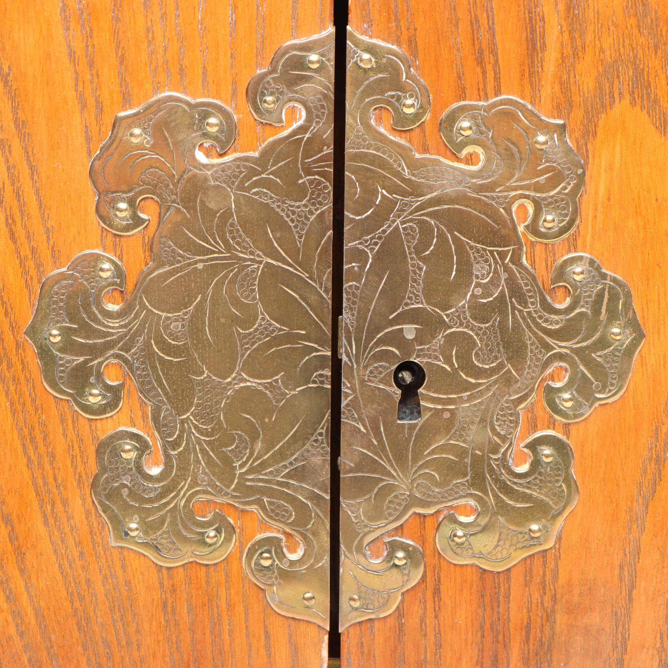 Asian Style Brass Mounted Wooden Jewelry Box with Rocking Horse