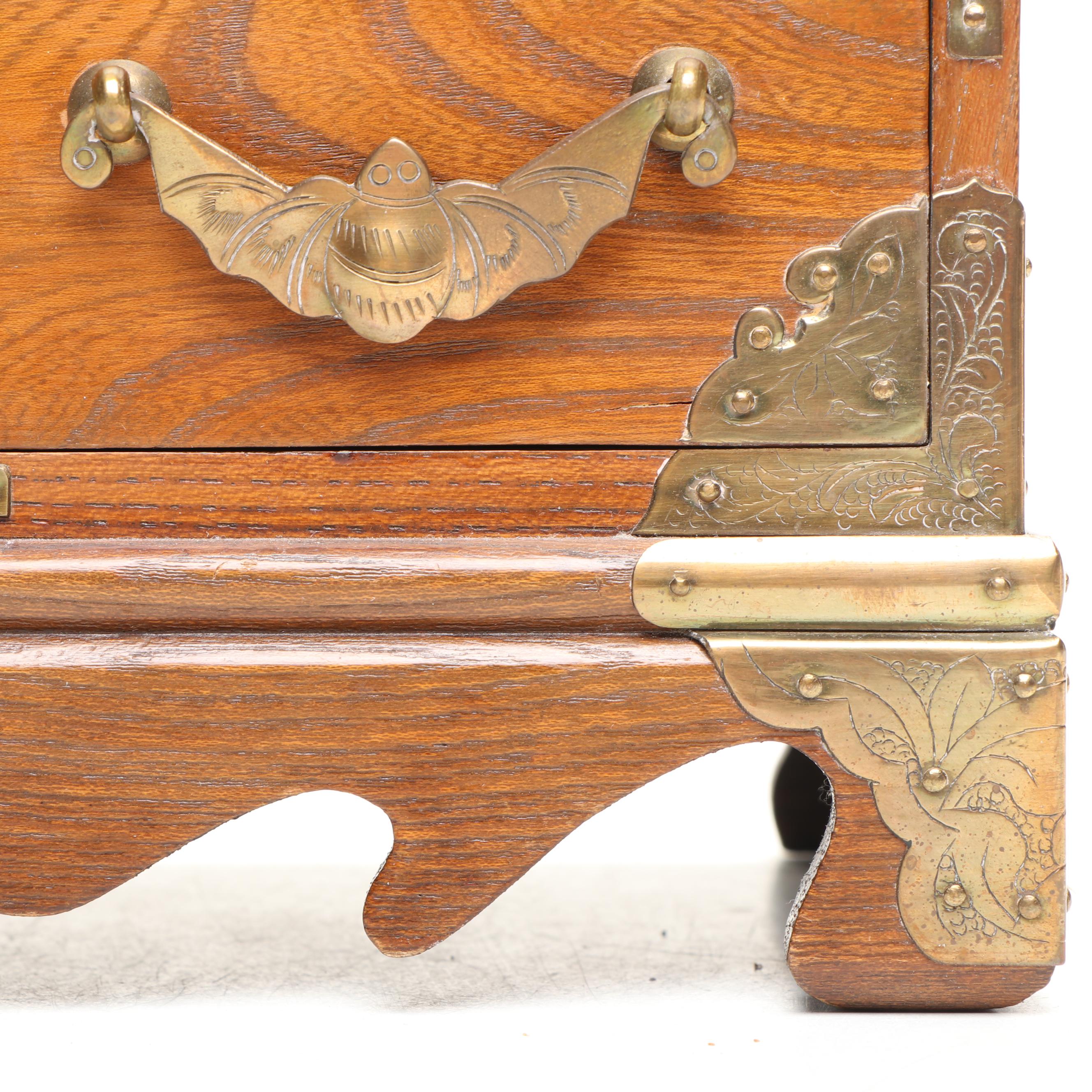 Asian Style Brass Mounted Wooden Jewelry Box with Rocking Horse