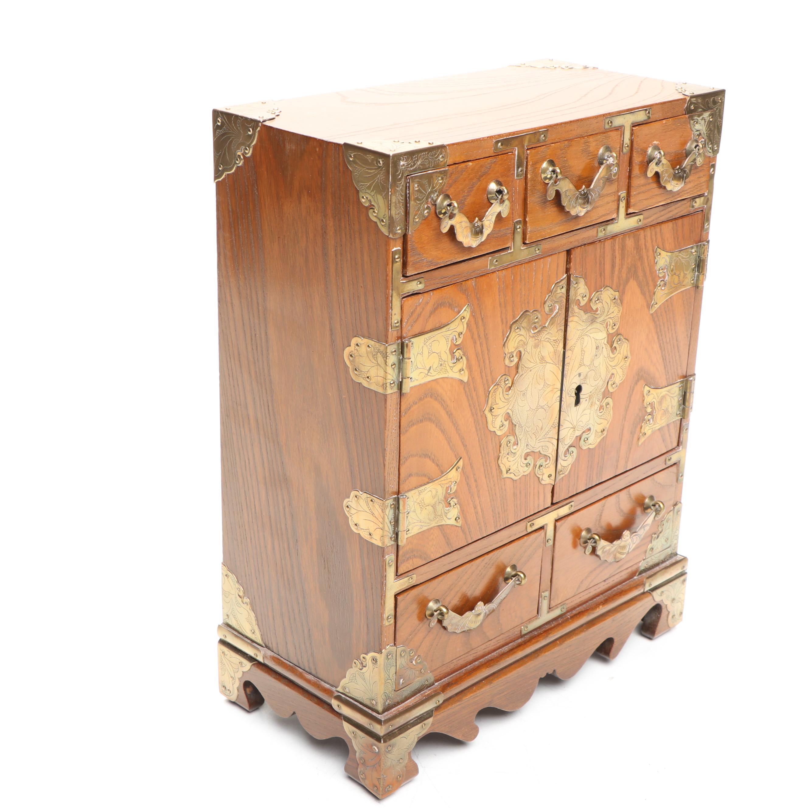 Asian Style Brass Mounted Wooden Jewelry Box with Rocking Horse