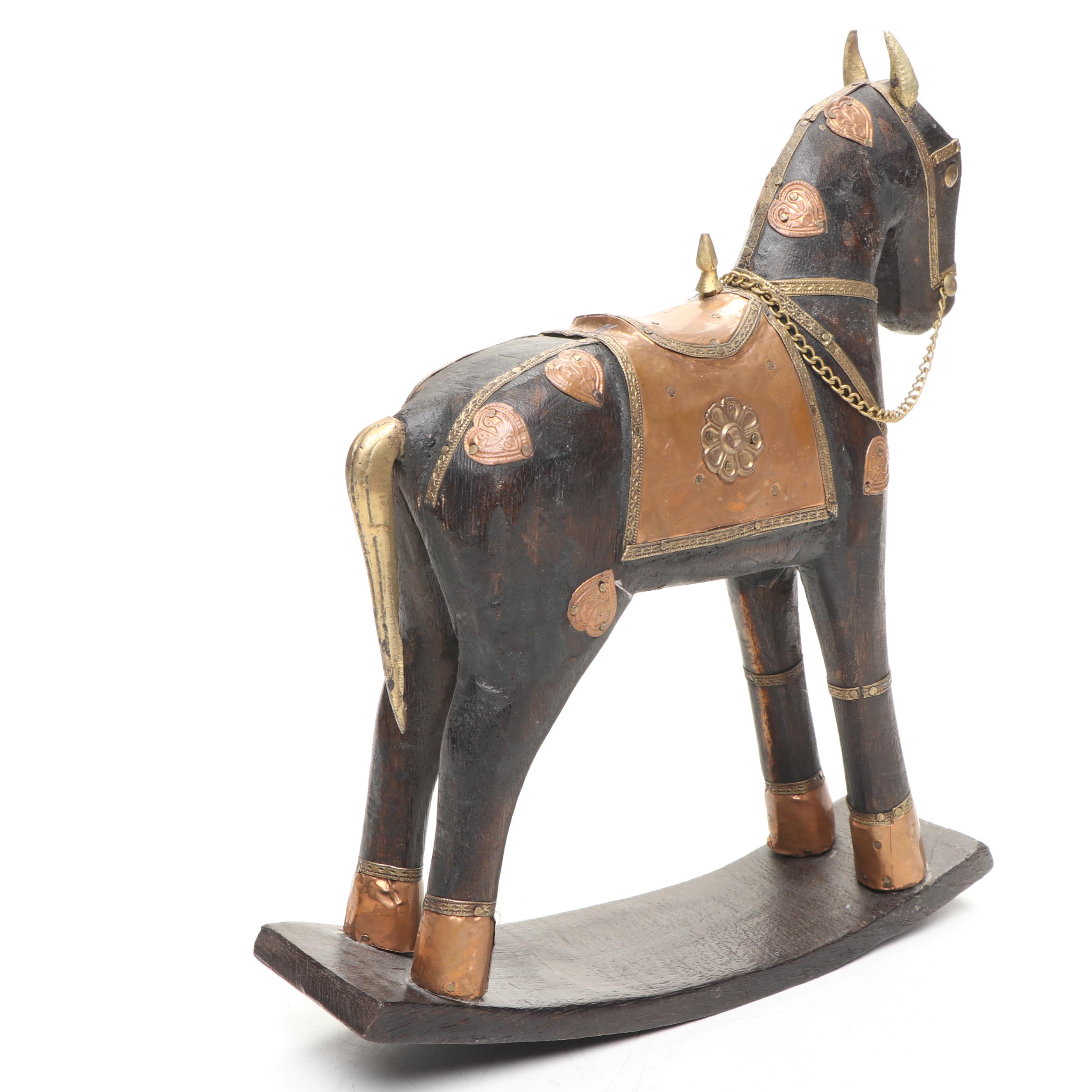 Asian Style Brass Mounted Wooden Jewelry Box with Rocking Horse