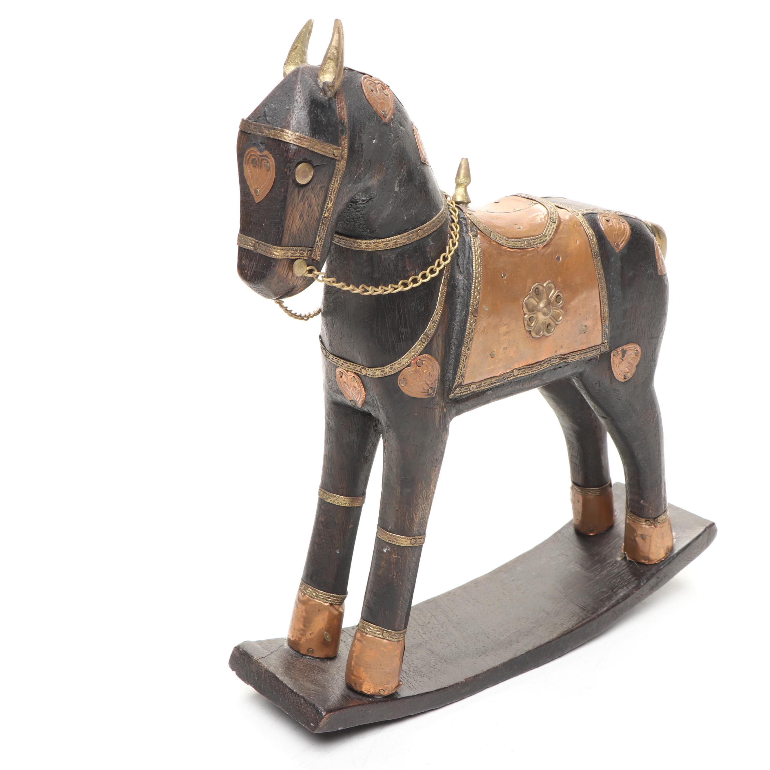 Asian Style Brass Mounted Wooden Jewelry Box with Rocking Horse