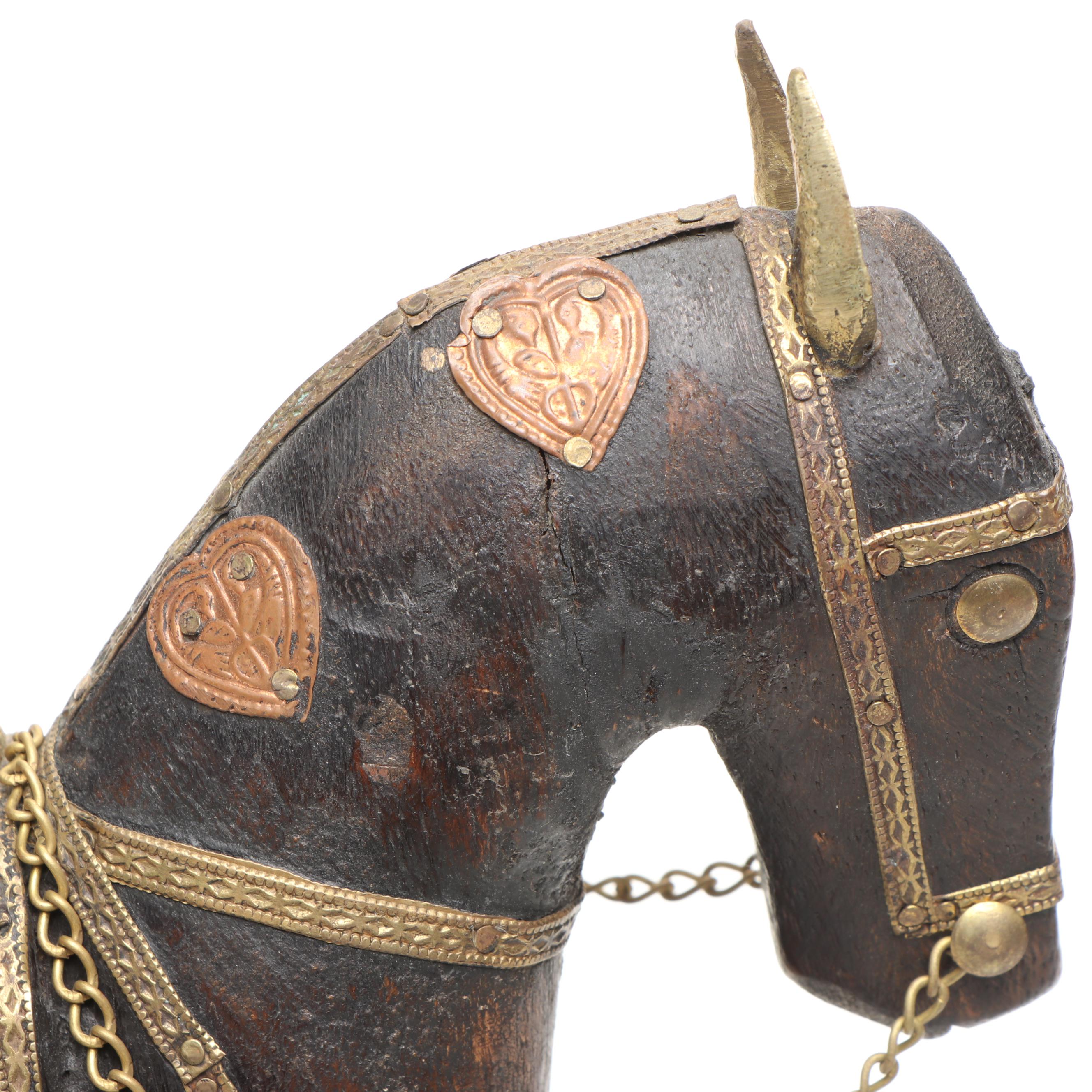 Asian Style Brass Mounted Wooden Jewelry Box with Rocking Horse