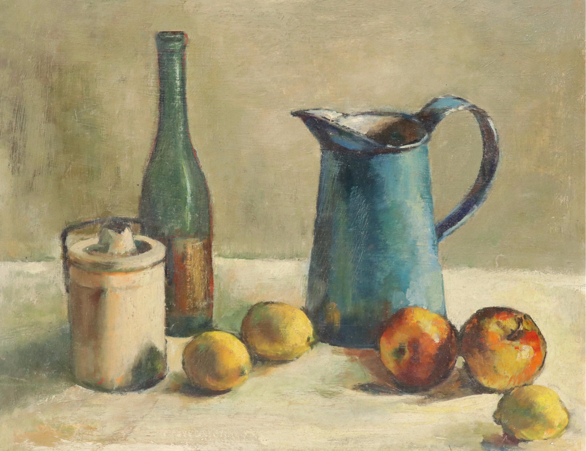 Still Life Oil on Board of Wine Bottle, Pitcher, Jam, and Fruit