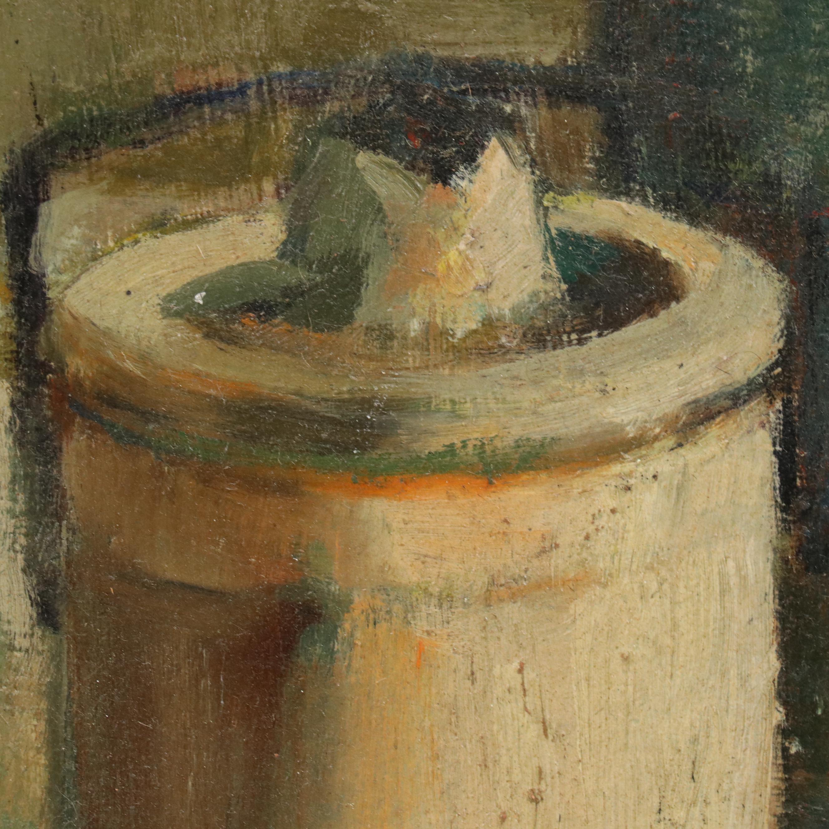 Still Life Oil on Board of Wine Bottle, Pitcher, Jam, and Fruit