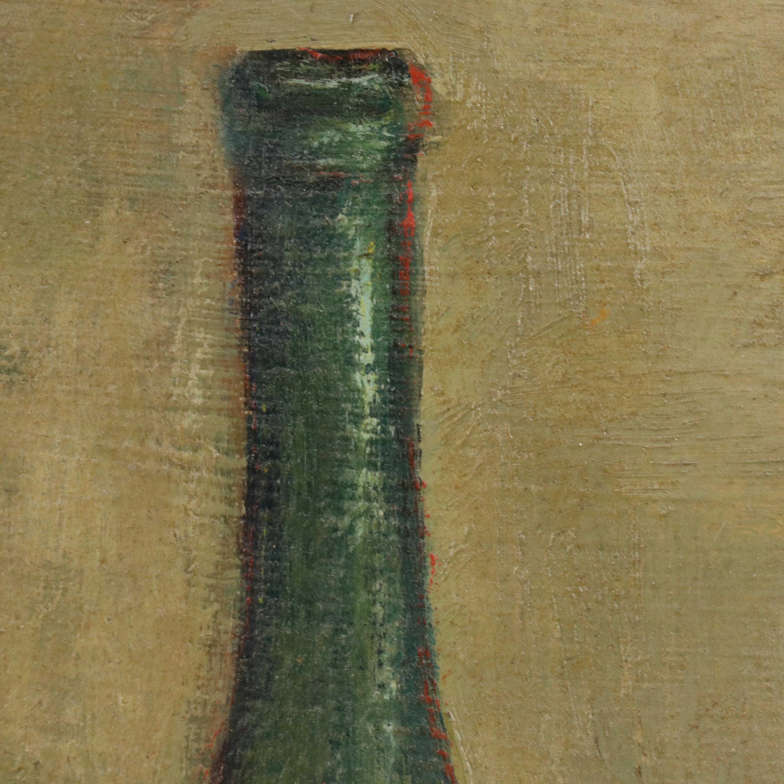Still Life Oil on Board of Wine Bottle, Pitcher, Jam, and Fruit