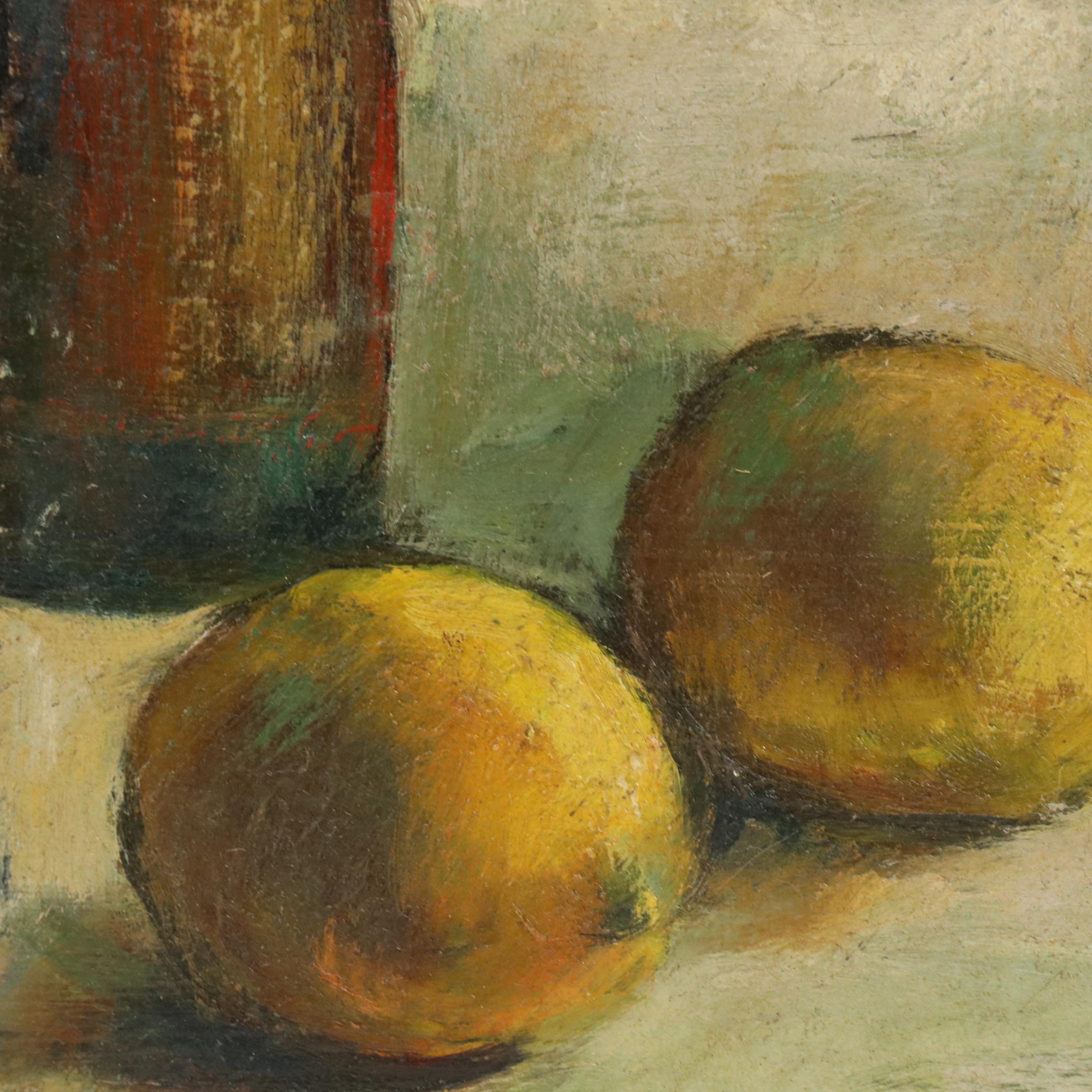 Still Life Oil on Board of Wine Bottle, Pitcher, Jam, and Fruit