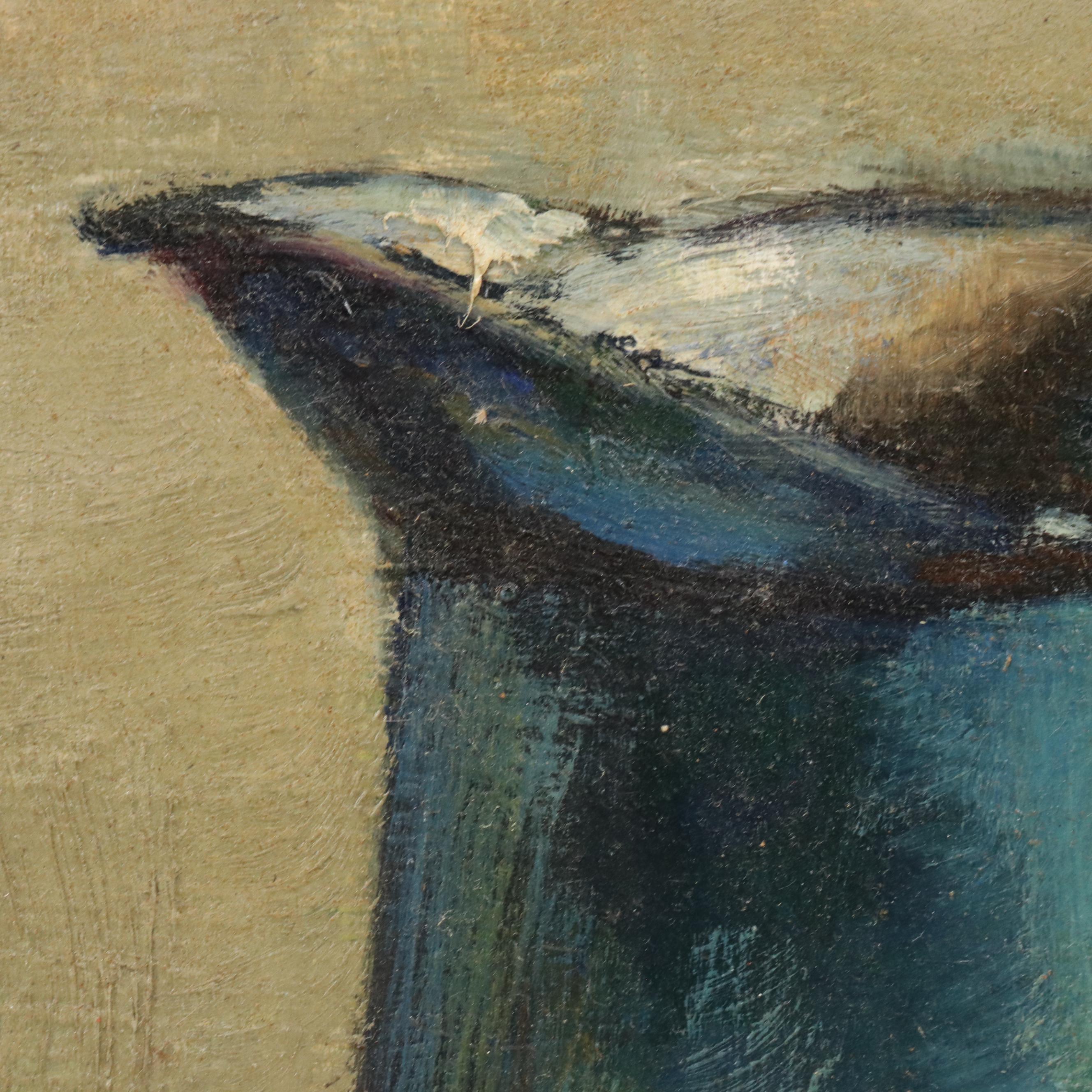 Still Life Oil on Board of Wine Bottle, Pitcher, Jam, and Fruit