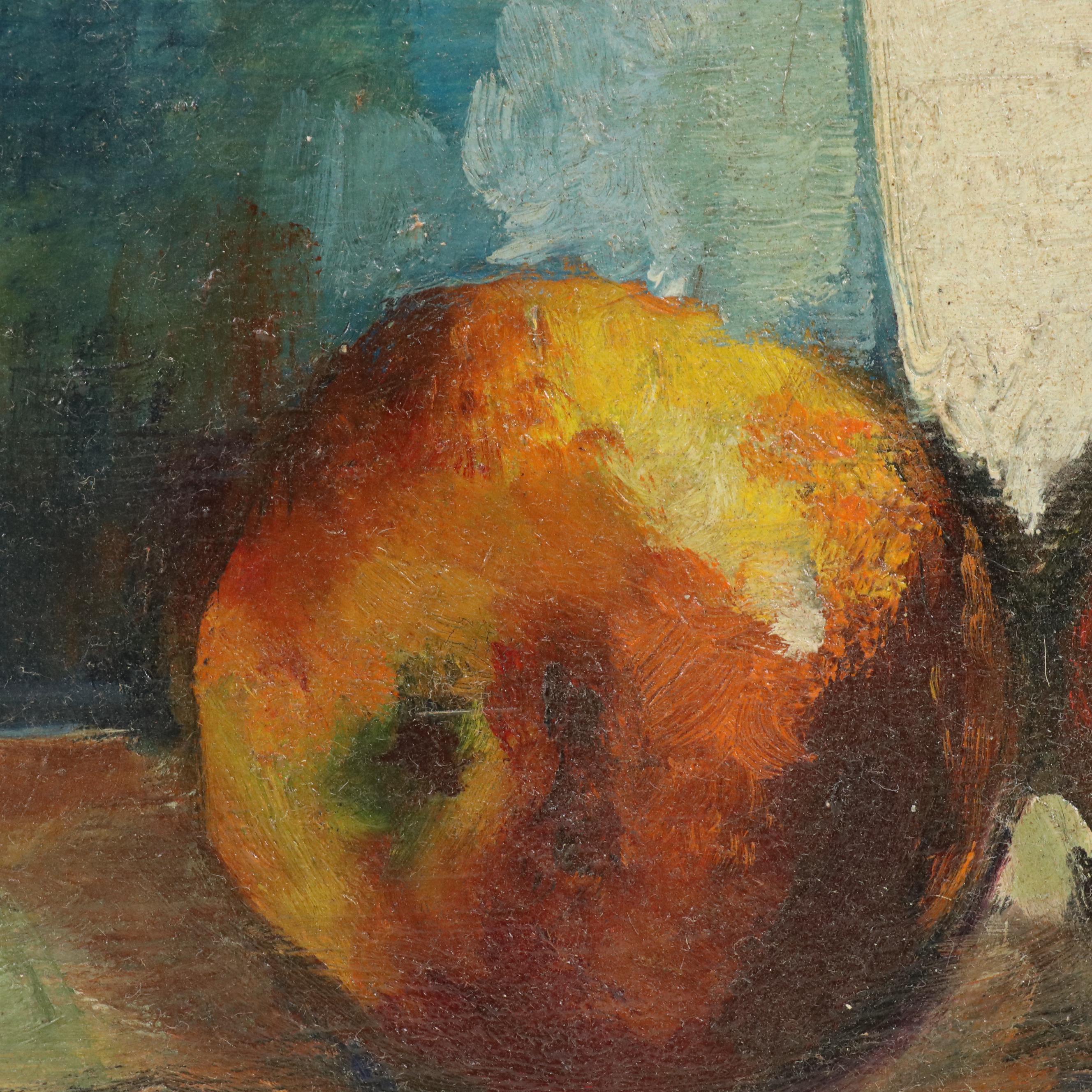 Still Life Oil on Board of Wine Bottle, Pitcher, Jam, and Fruit