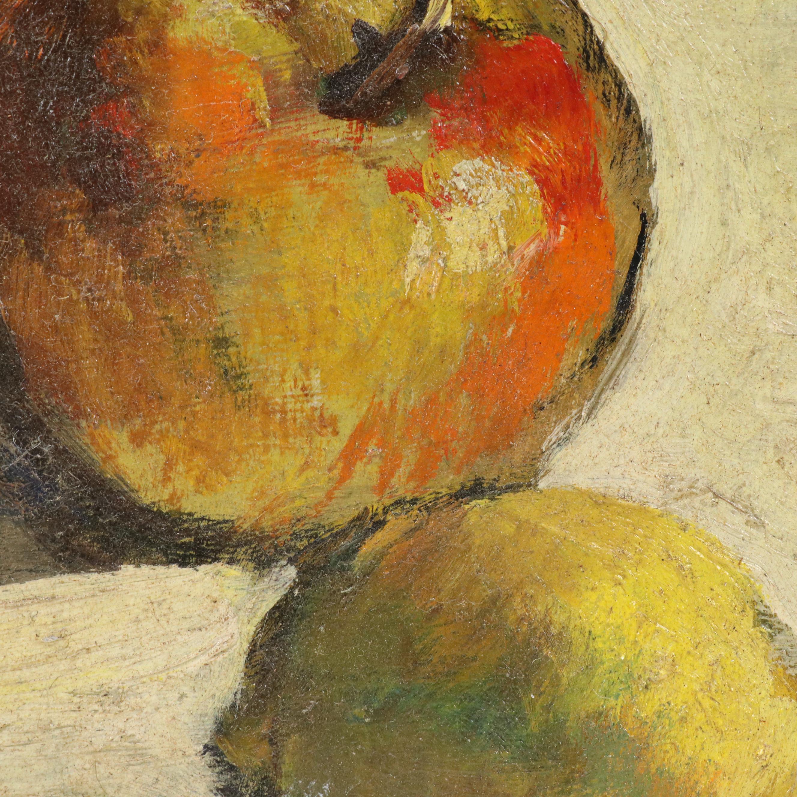 Still Life Oil on Board of Wine Bottle, Pitcher, Jam, and Fruit