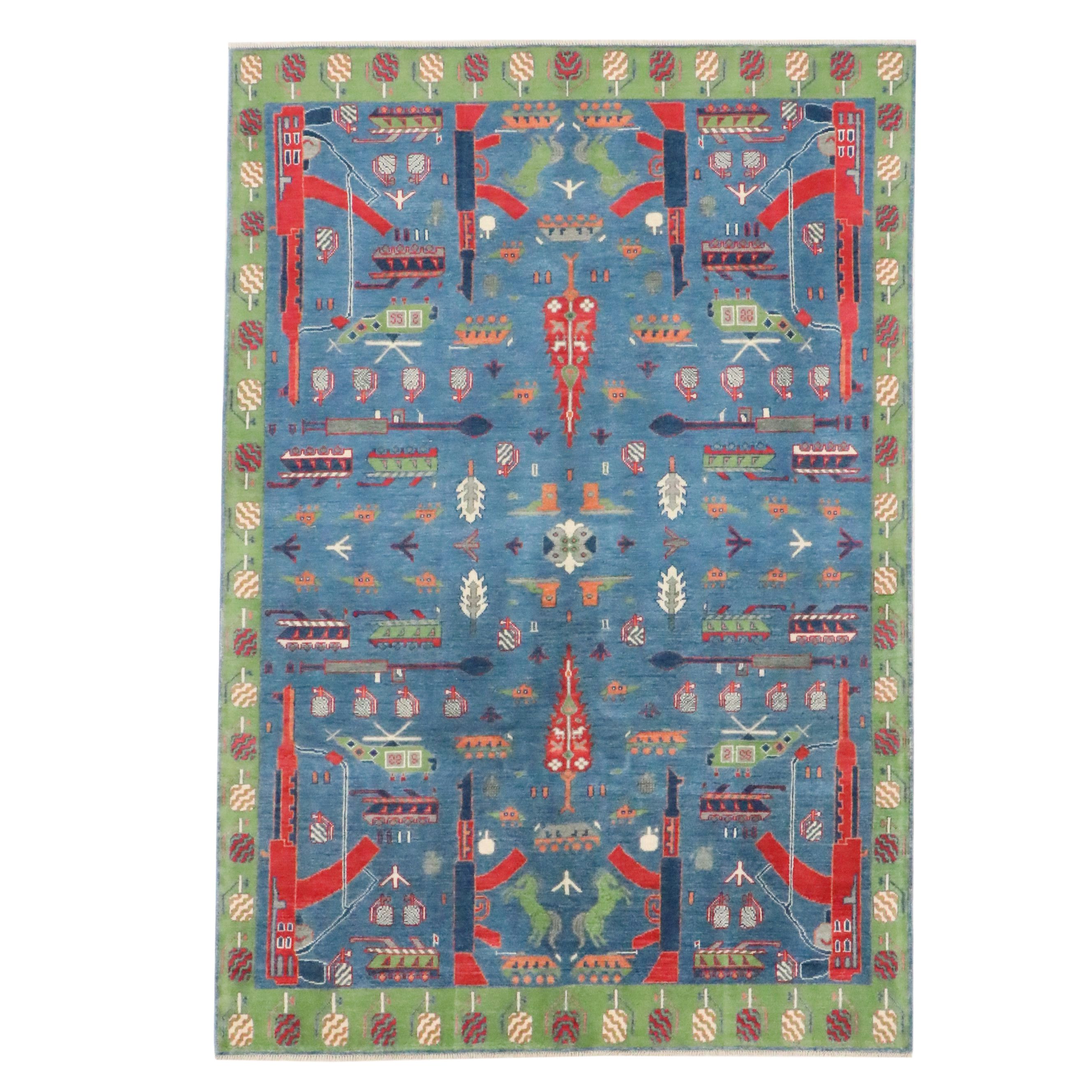 6'1 x 8'11 Hand-Knotted Pakistani Pictorial War Area Rug