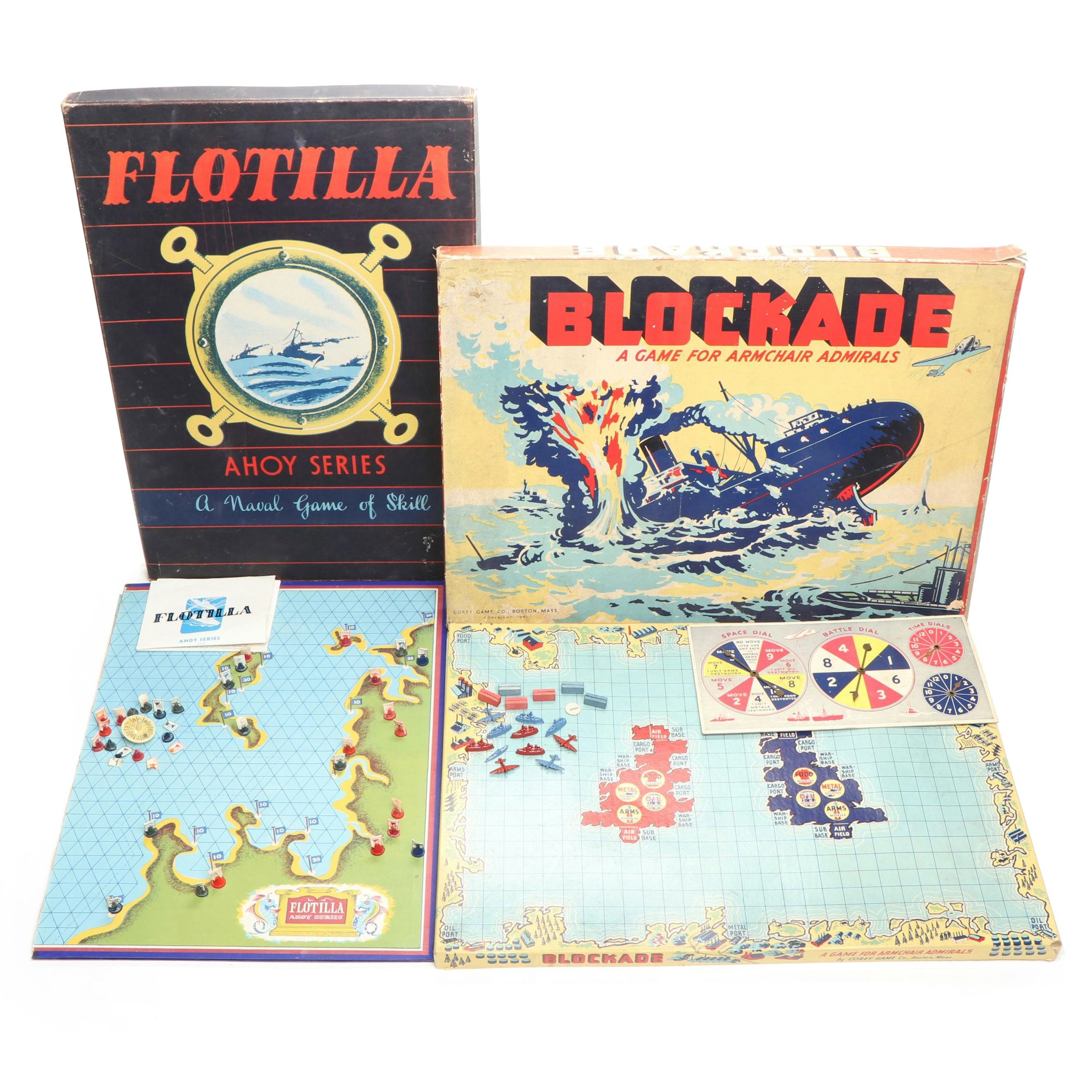 Corey Game Co. "Blockade" with Ahoy Series "Flotilla" Board Games, Mid-20th C.