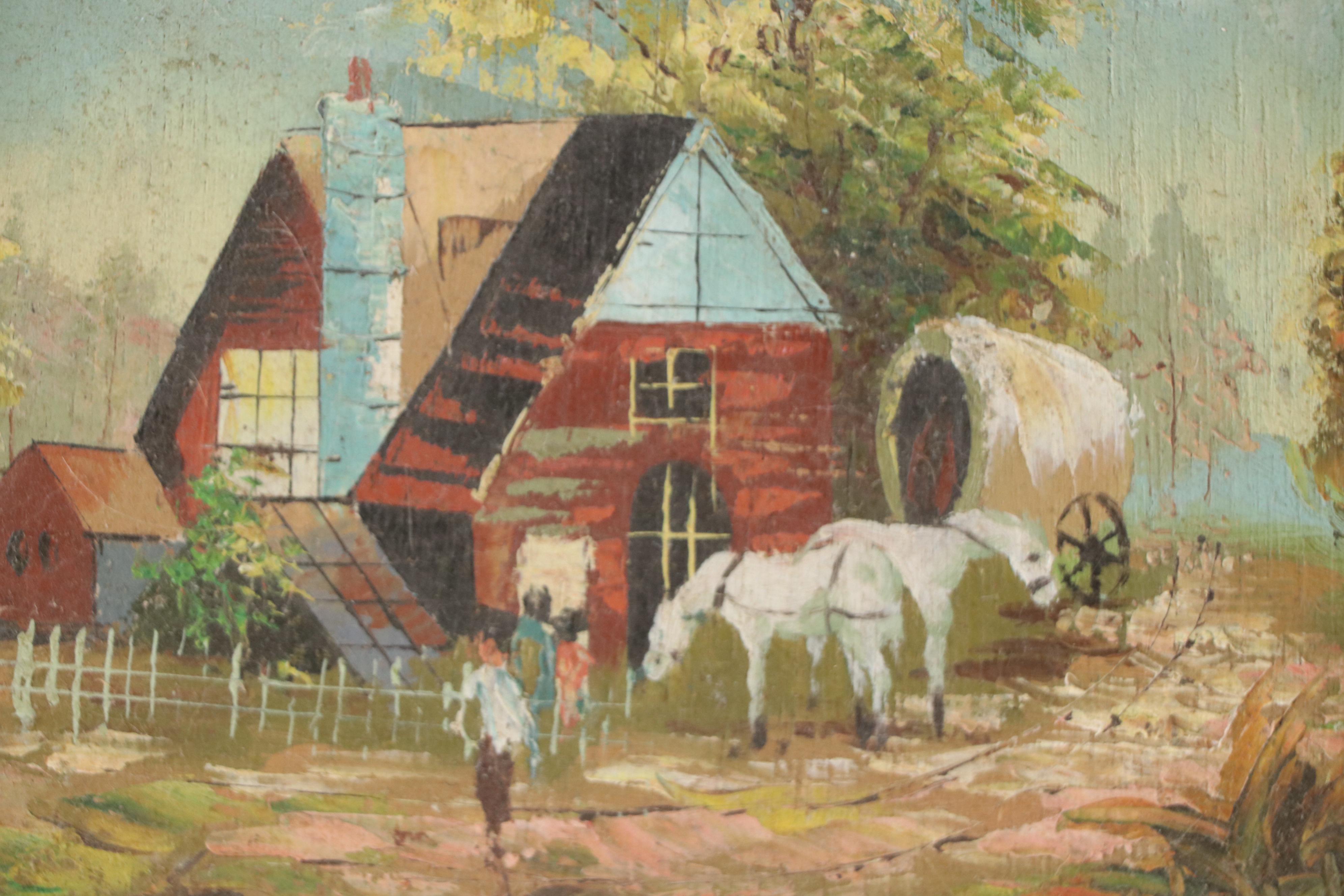 American School Oil Painting of Early Residential Landscape