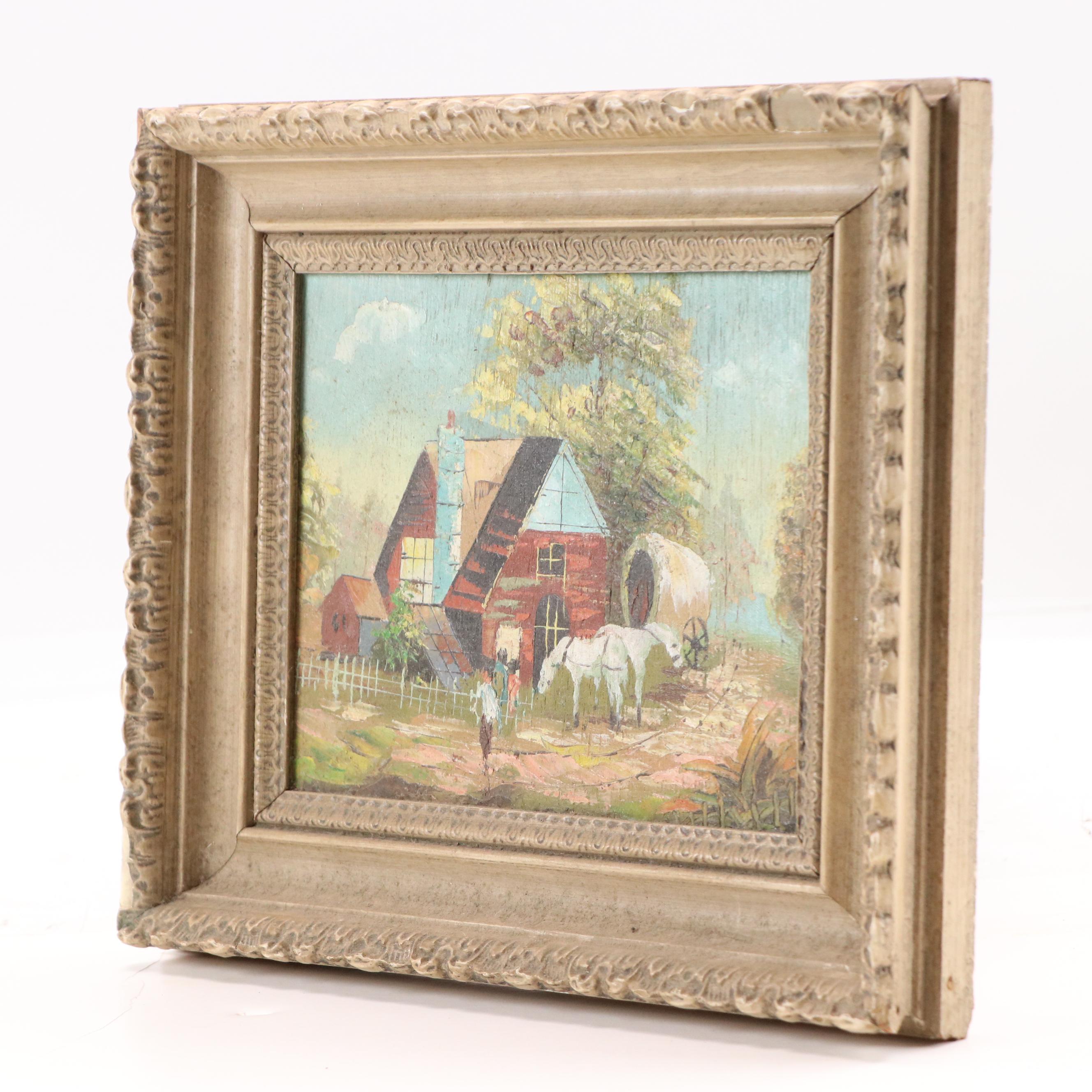 American School Oil Painting of Early Residential Landscape