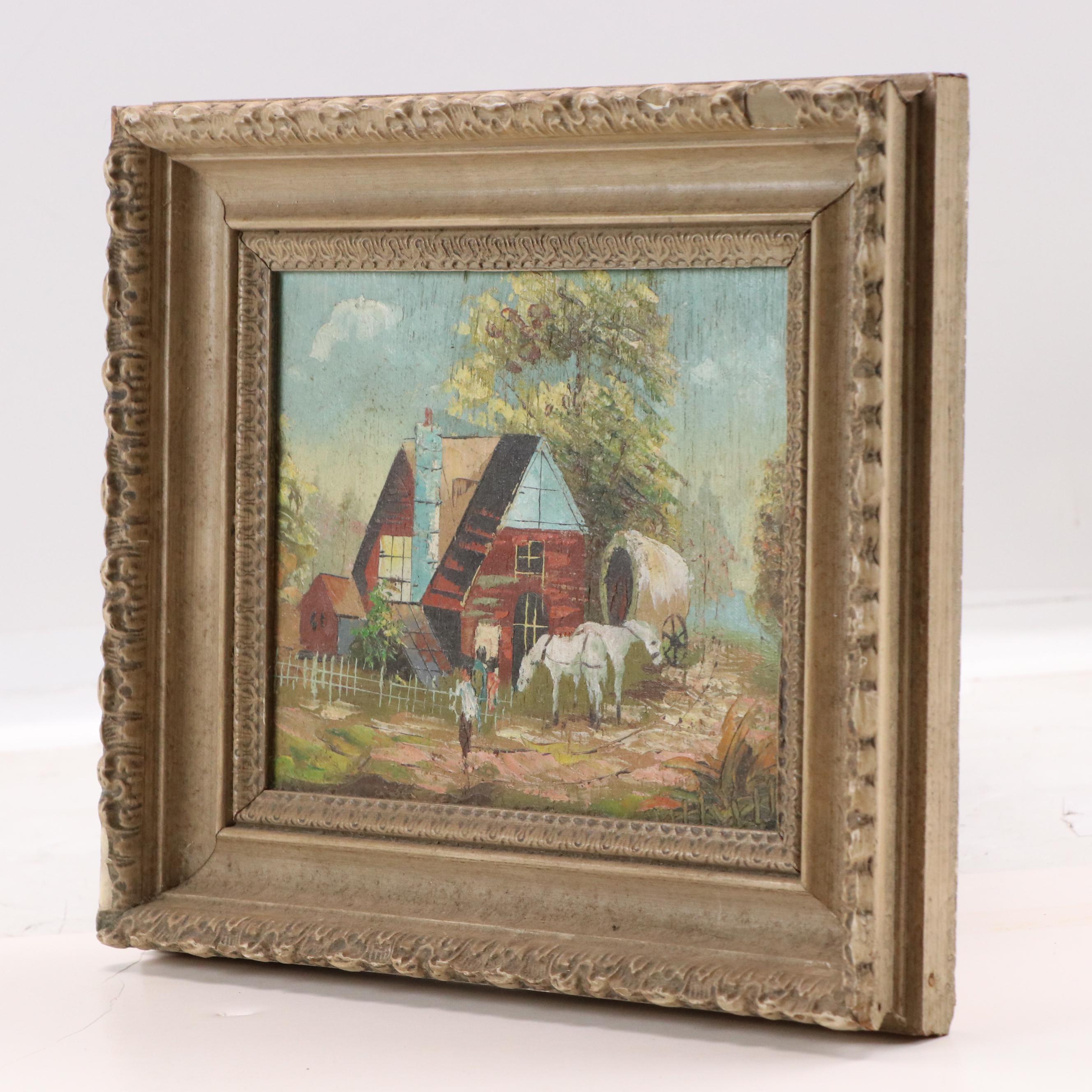 American School Oil Painting of Early Residential Landscape