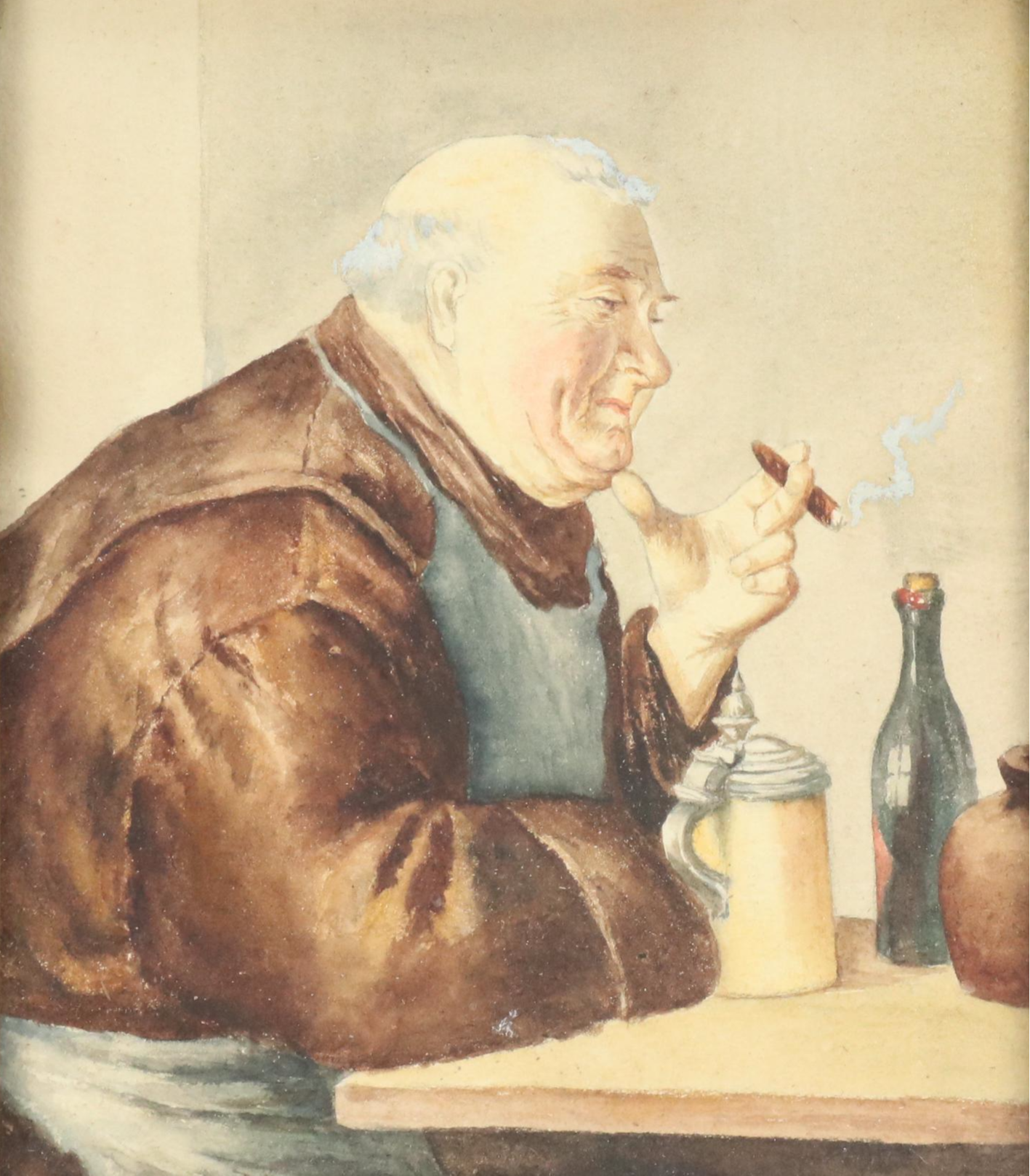 Watercolor Painting of Smoking Monk, 20th Century