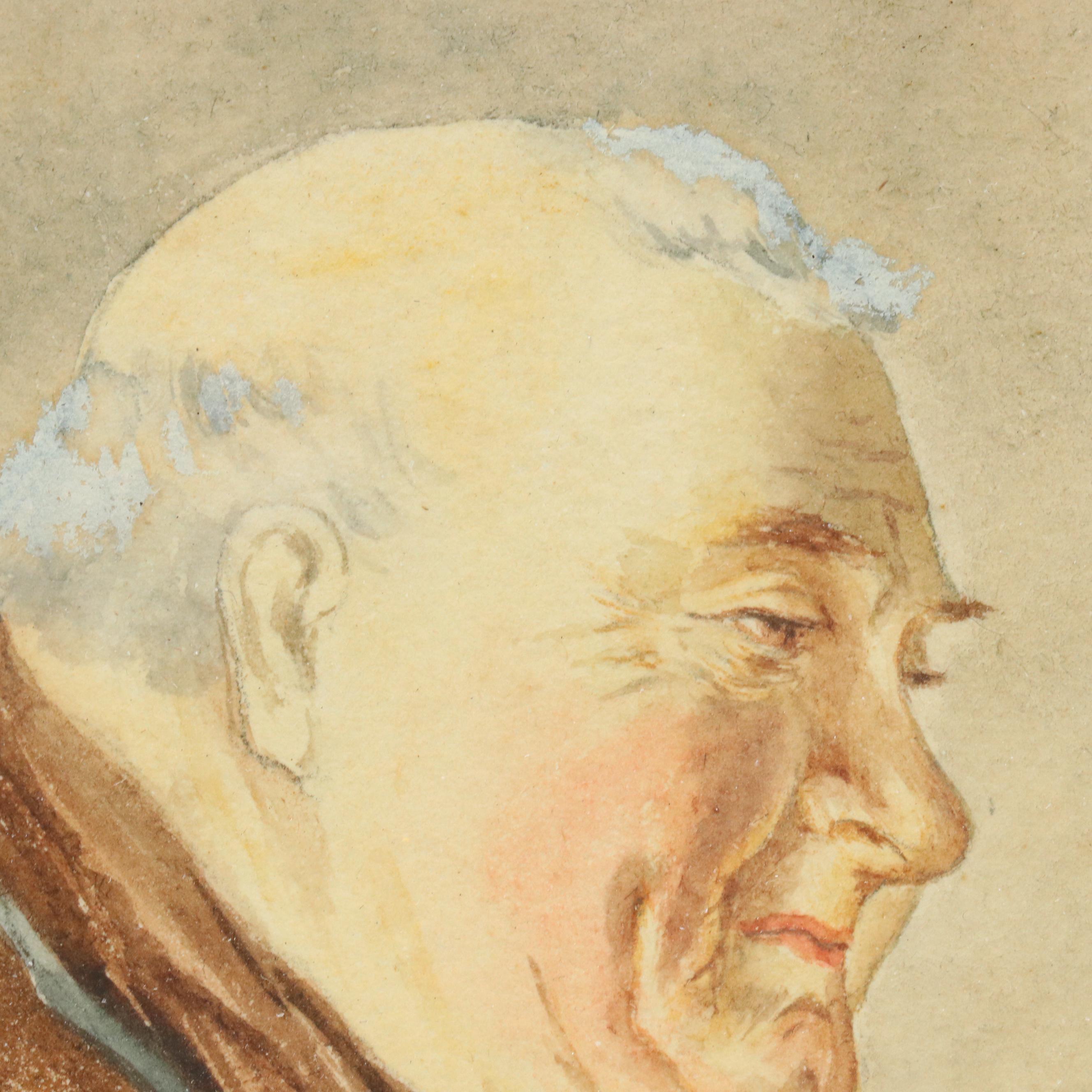 Watercolor Painting of Smoking Monk, 20th Century