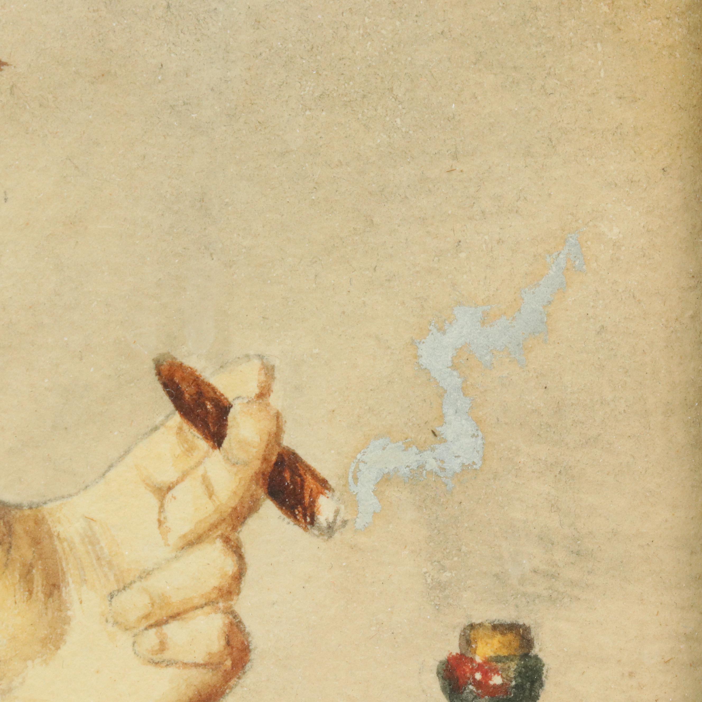 Watercolor Painting of Smoking Monk, 20th Century