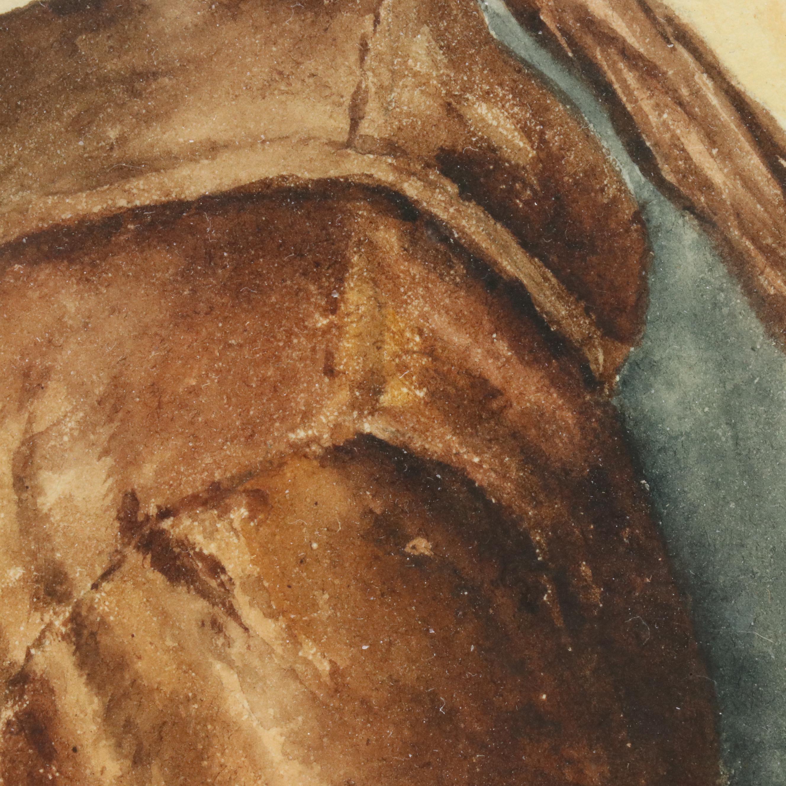 Watercolor Painting of Smoking Monk, 20th Century