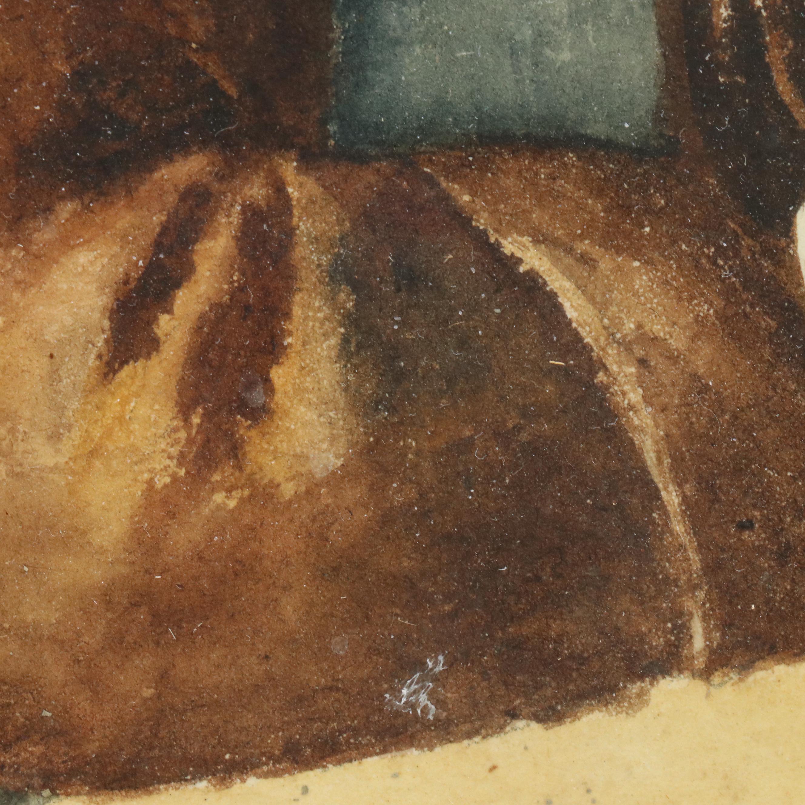 Watercolor Painting of Smoking Monk, 20th Century