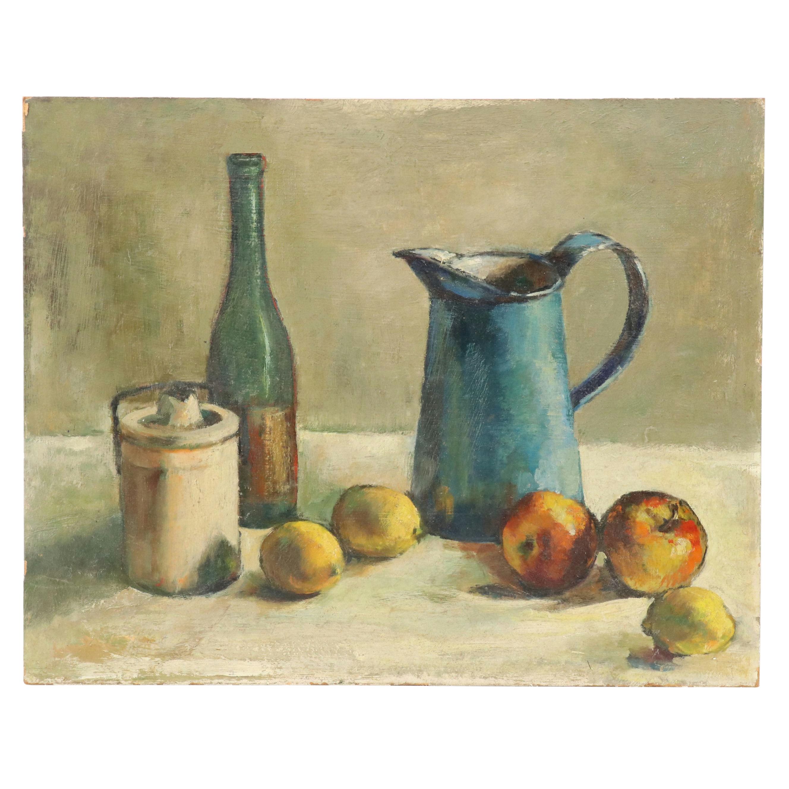 Still Life Oil on Board of Wine Bottle, Pitcher, Jam, and Fruit