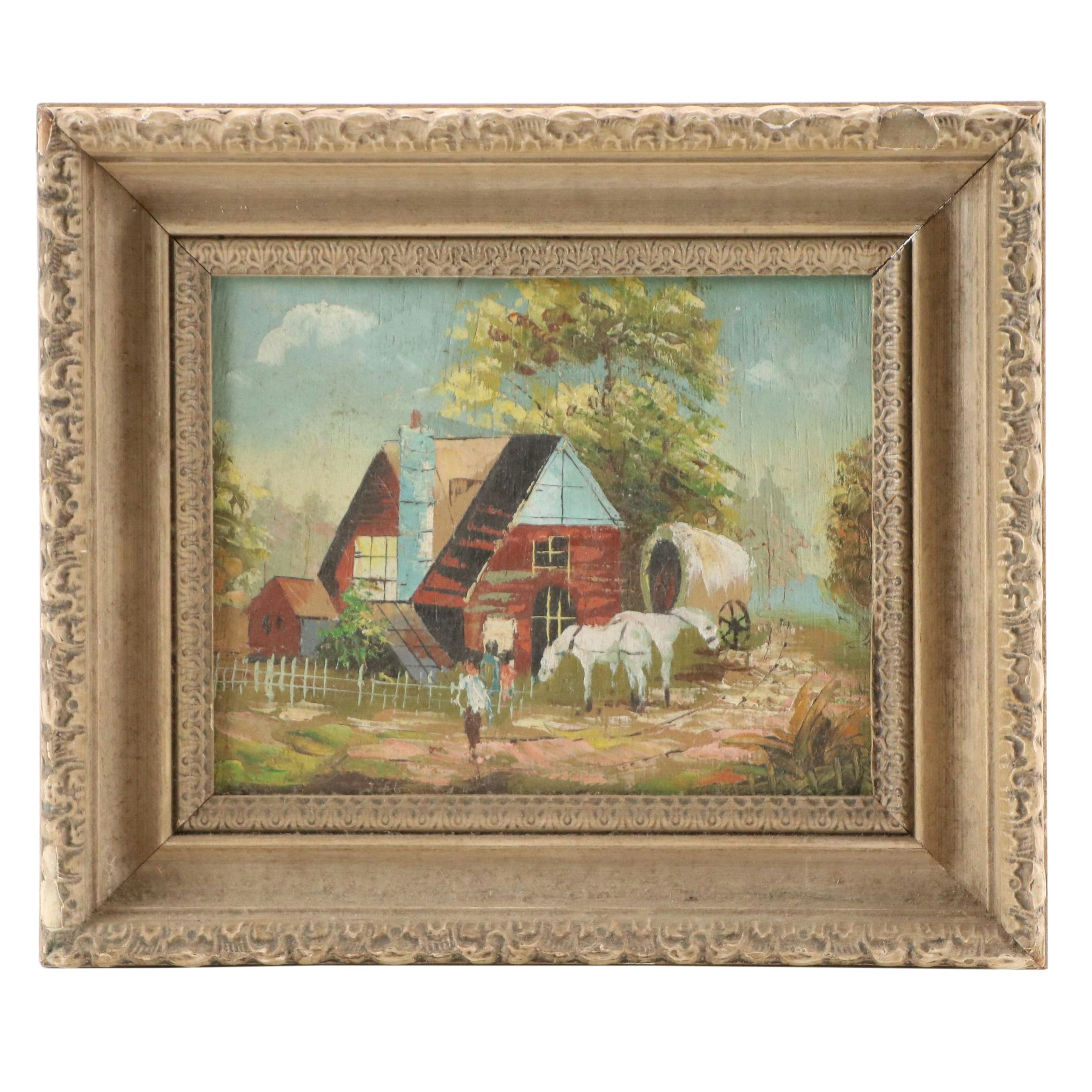American School Oil Painting of Early Residential Landscape