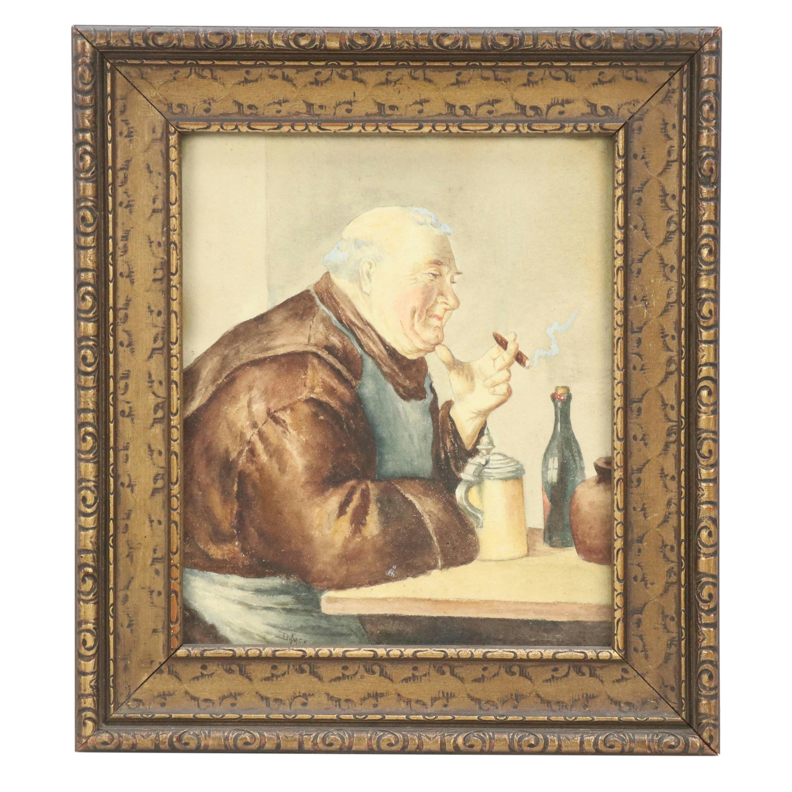 Watercolor Painting of Smoking Monk, 20th Century