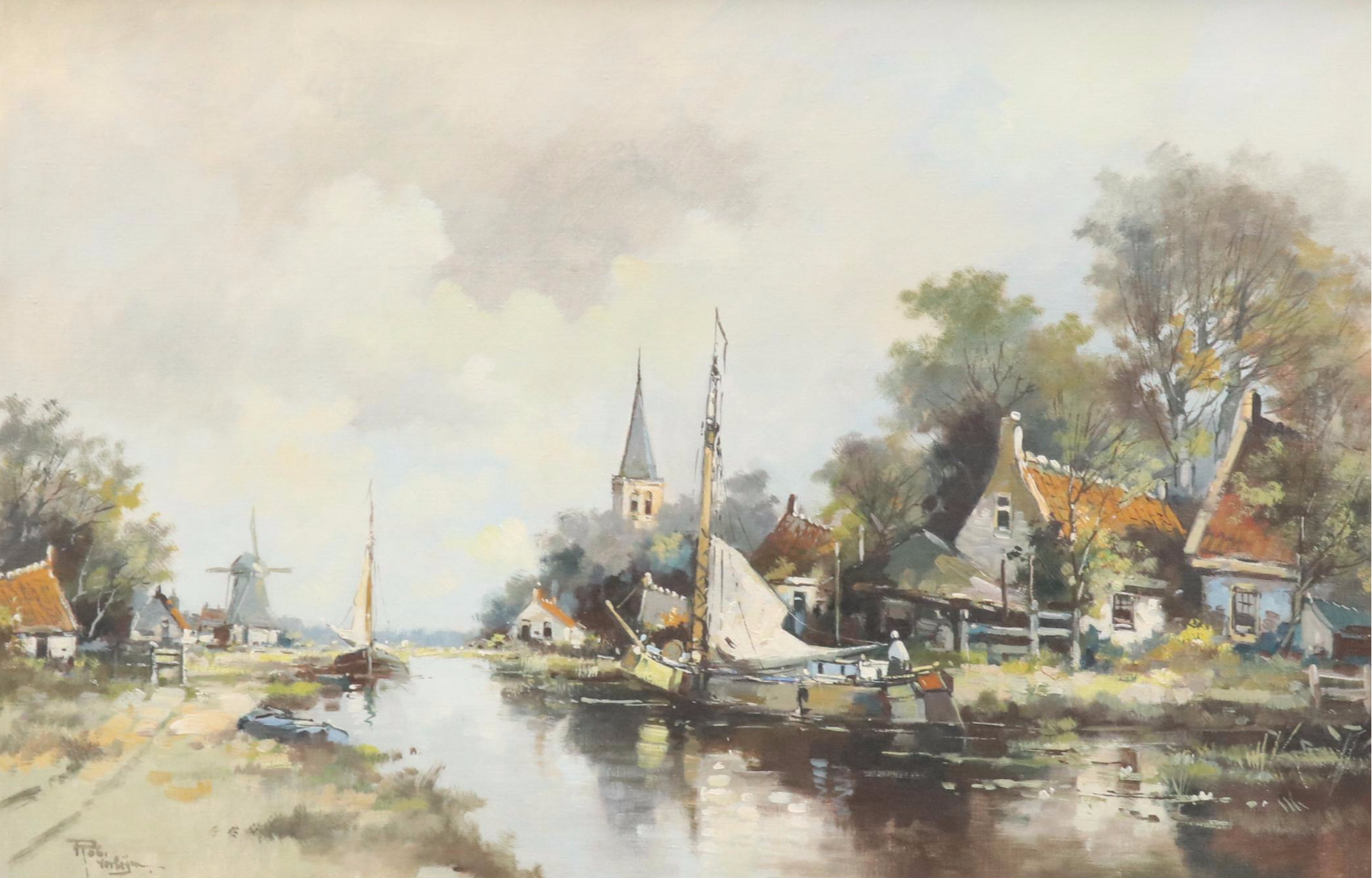 Robert Verheijen Oil Painting Dutch Canal Scene with Boats, Early to Mid-20th C.