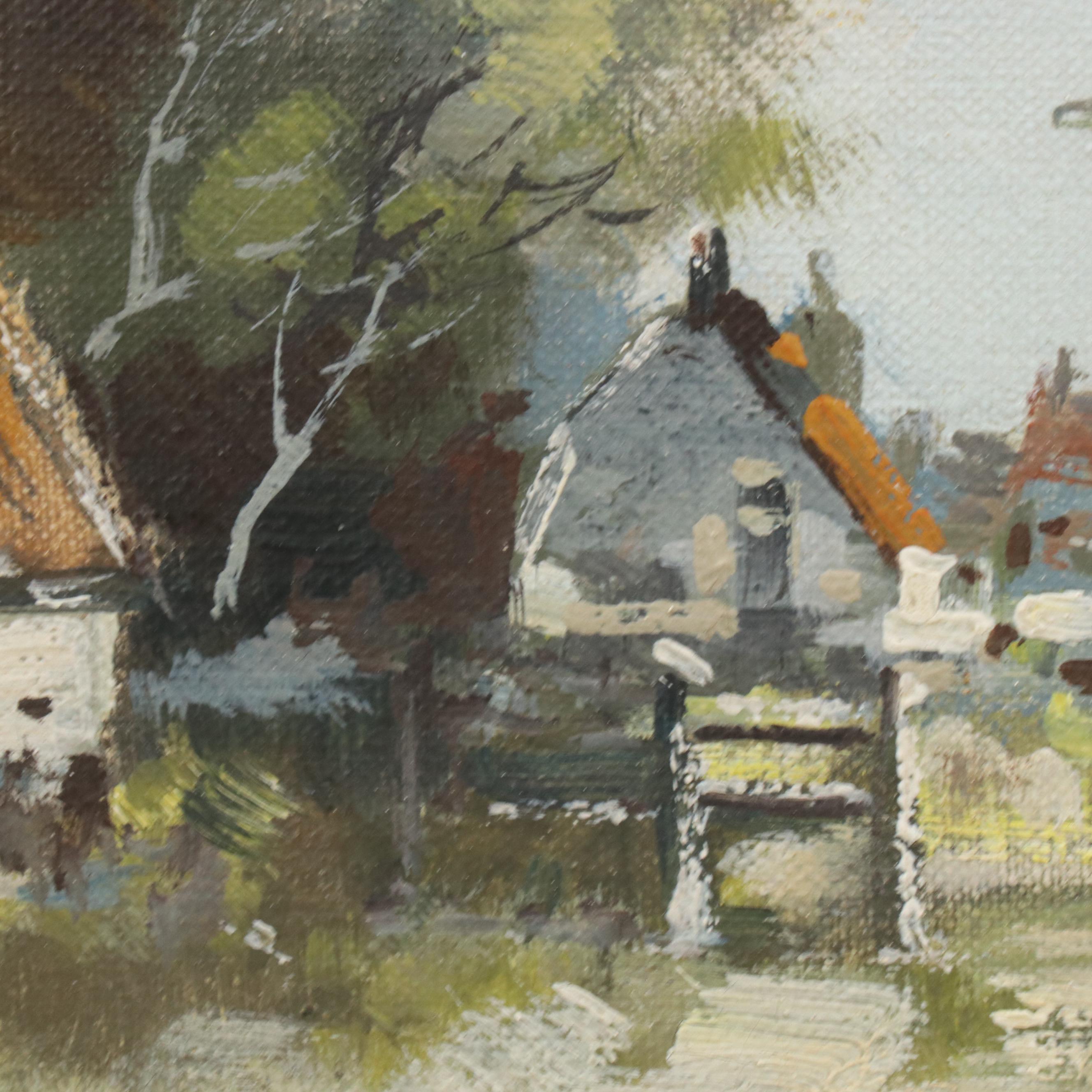 Robert Verheijen Oil Painting Dutch Canal Scene with Boats, Early to Mid-20th C.