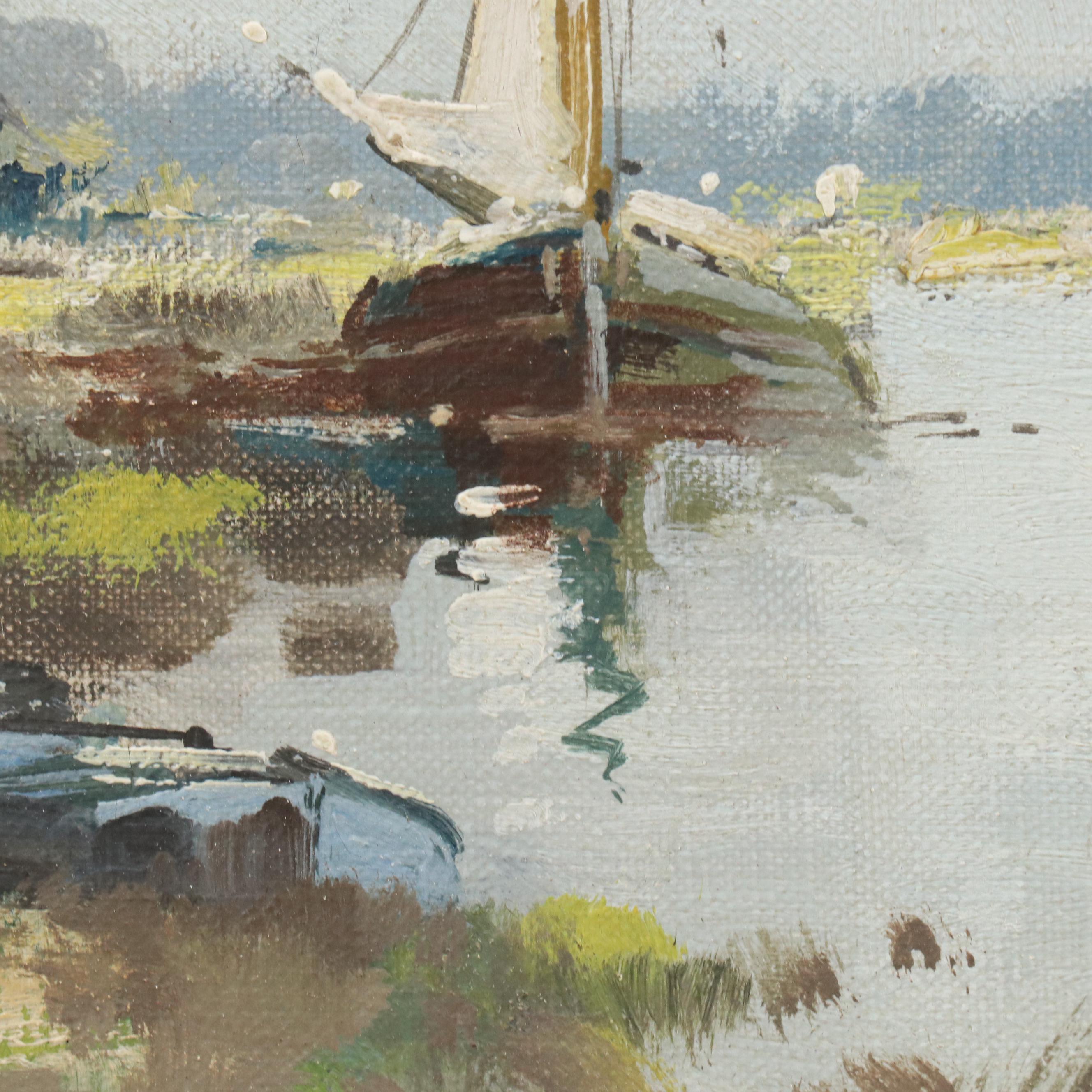 Robert Verheijen Oil Painting Dutch Canal Scene with Boats, Early to Mid-20th C.