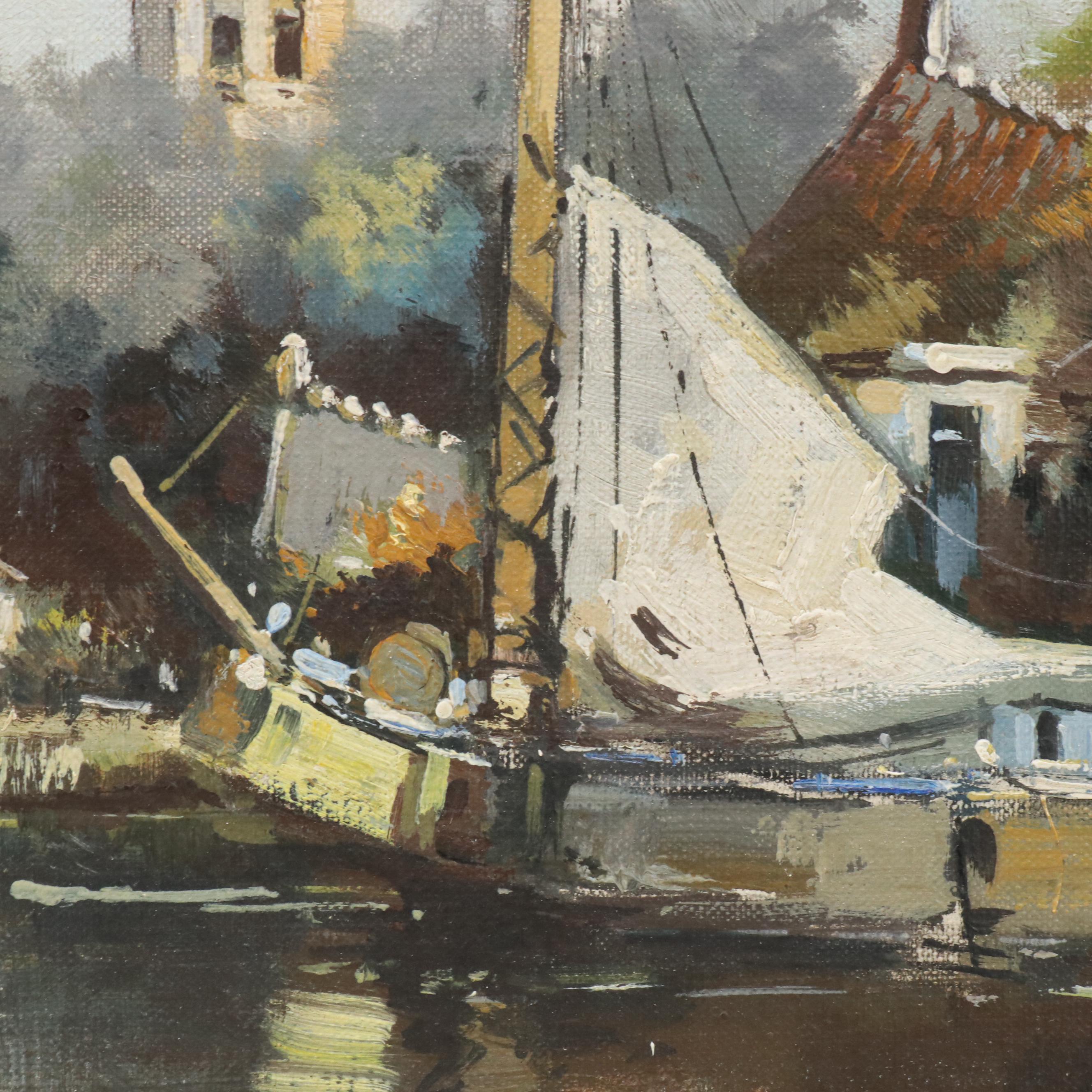 Robert Verheijen Oil Painting Dutch Canal Scene with Boats, Early to Mid-20th C.
