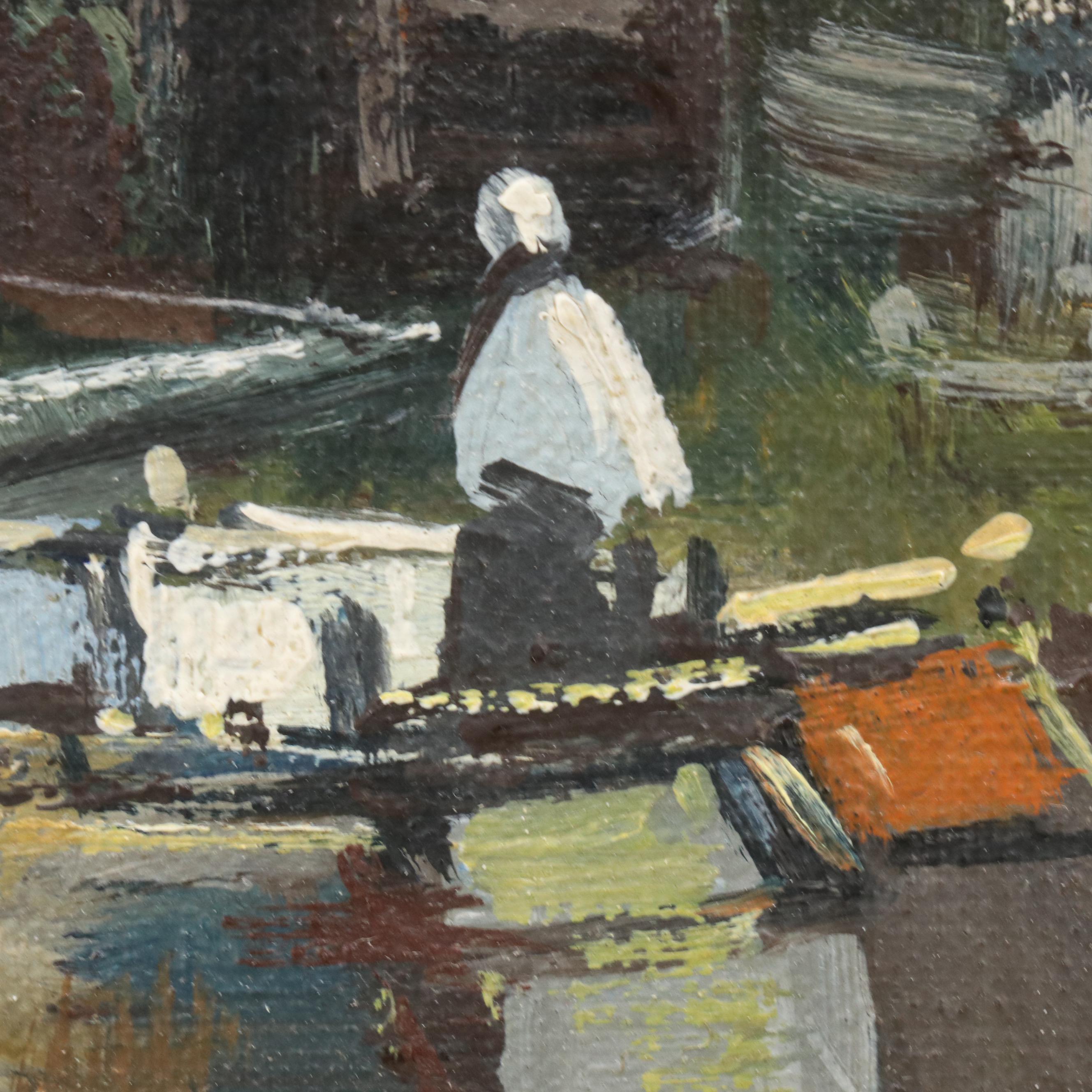 Robert Verheijen Oil Painting Dutch Canal Scene with Boats, Early to Mid-20th C.