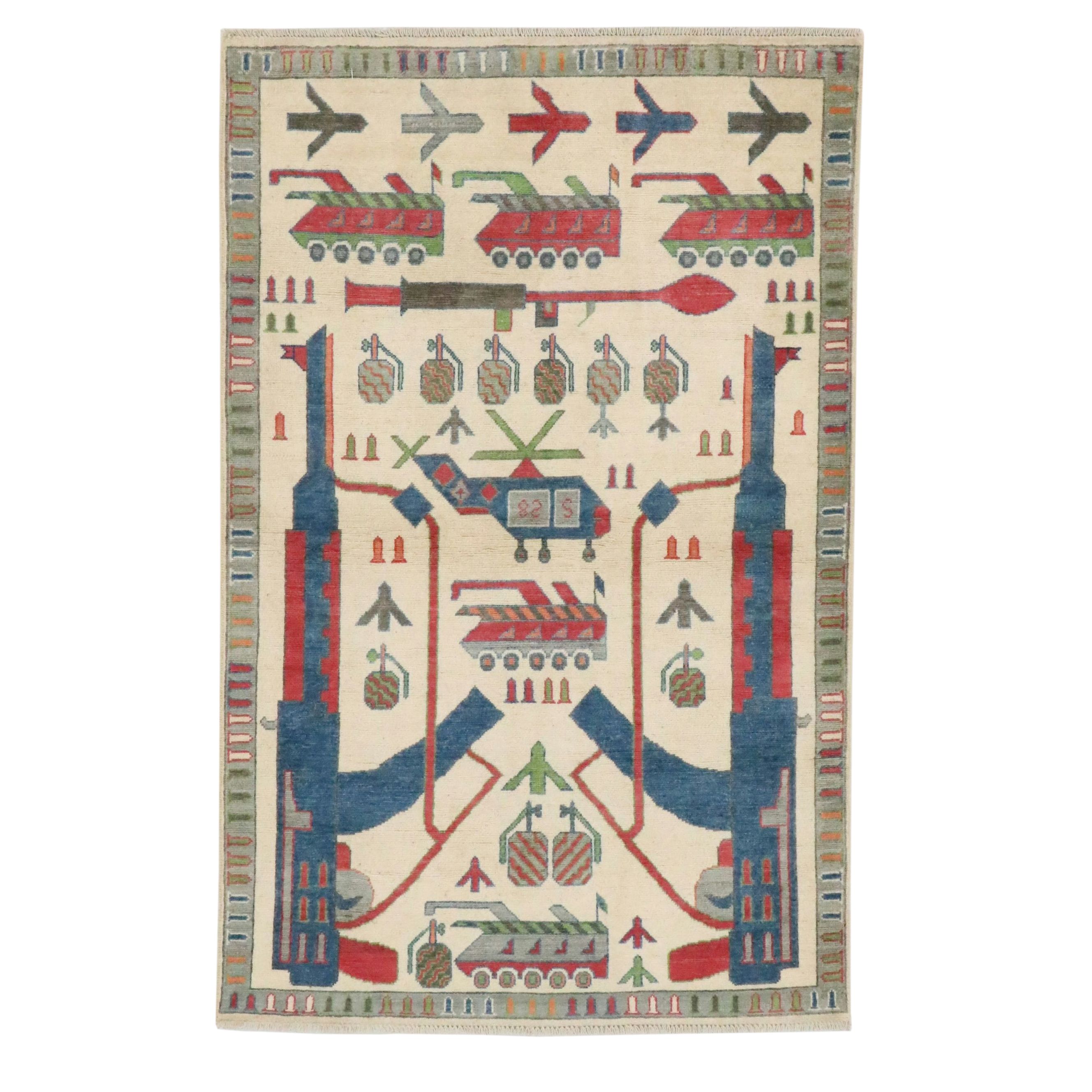 3'11 x 6'2 Hand-Knotted Afghan Pictorial War Area Rug