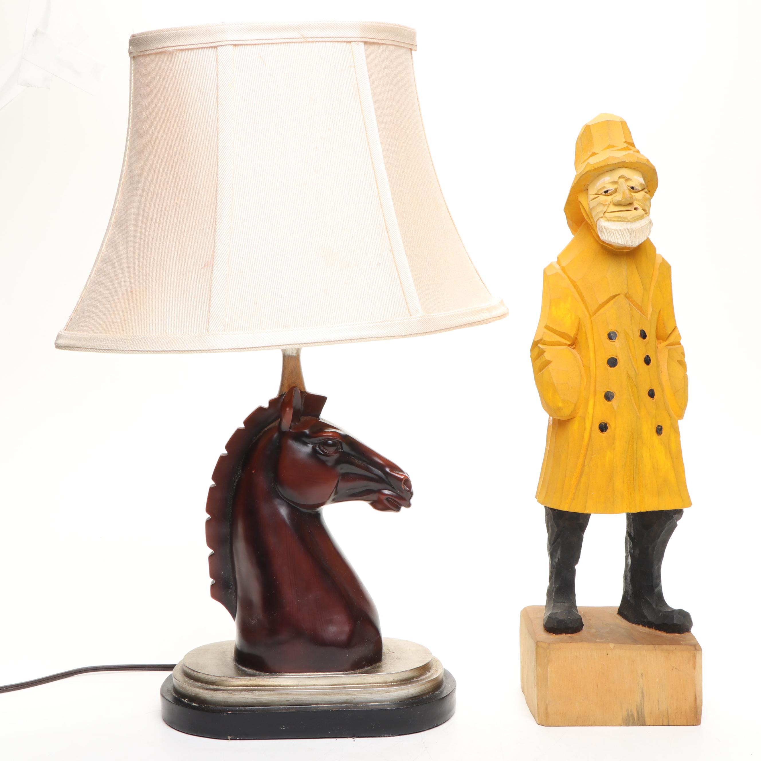 Carving of Ship's Captain with Horse Head Lamp, Late 20th Century