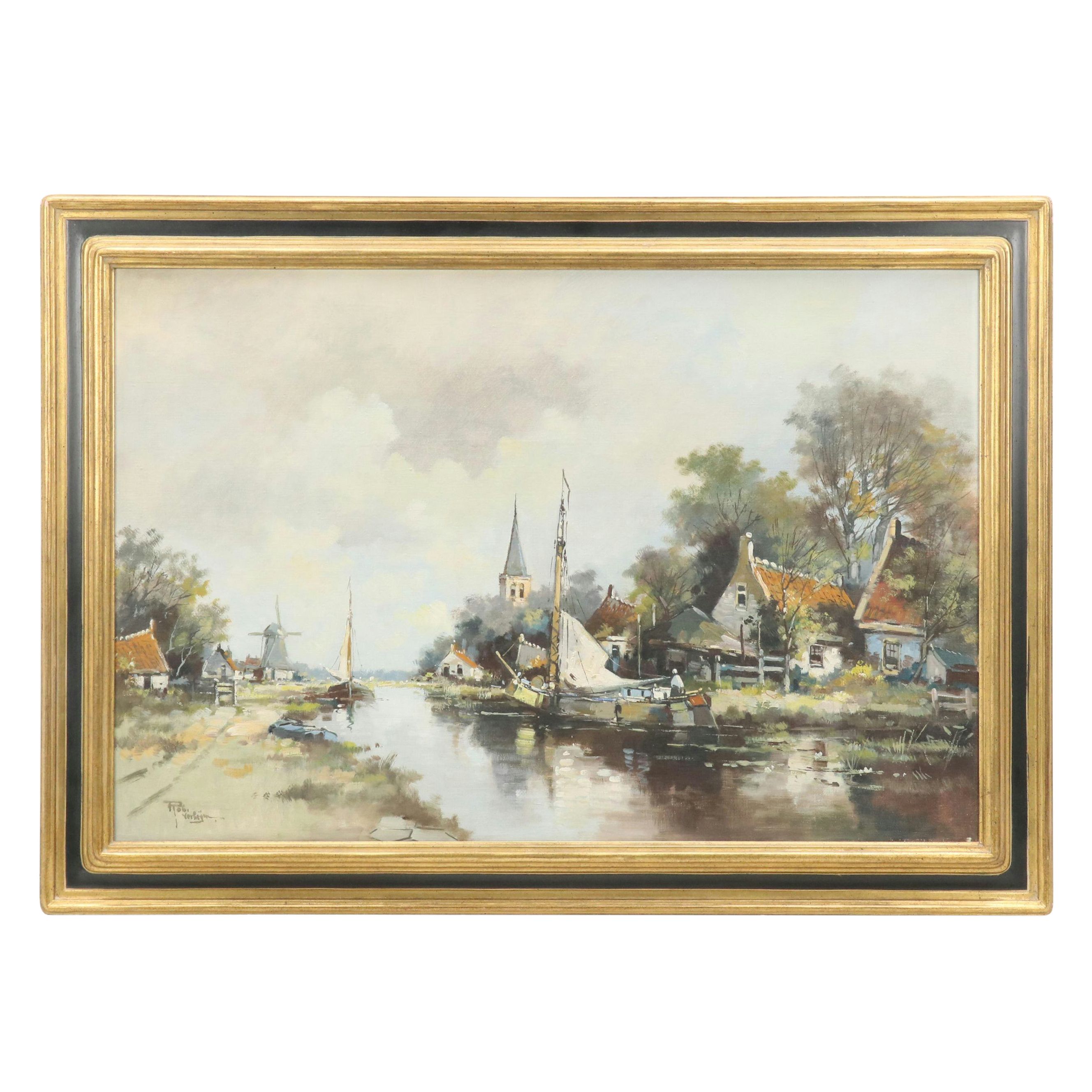 Robert Verheijen Oil Painting Dutch Canal Scene with Boats, Early to Mid-20th C.