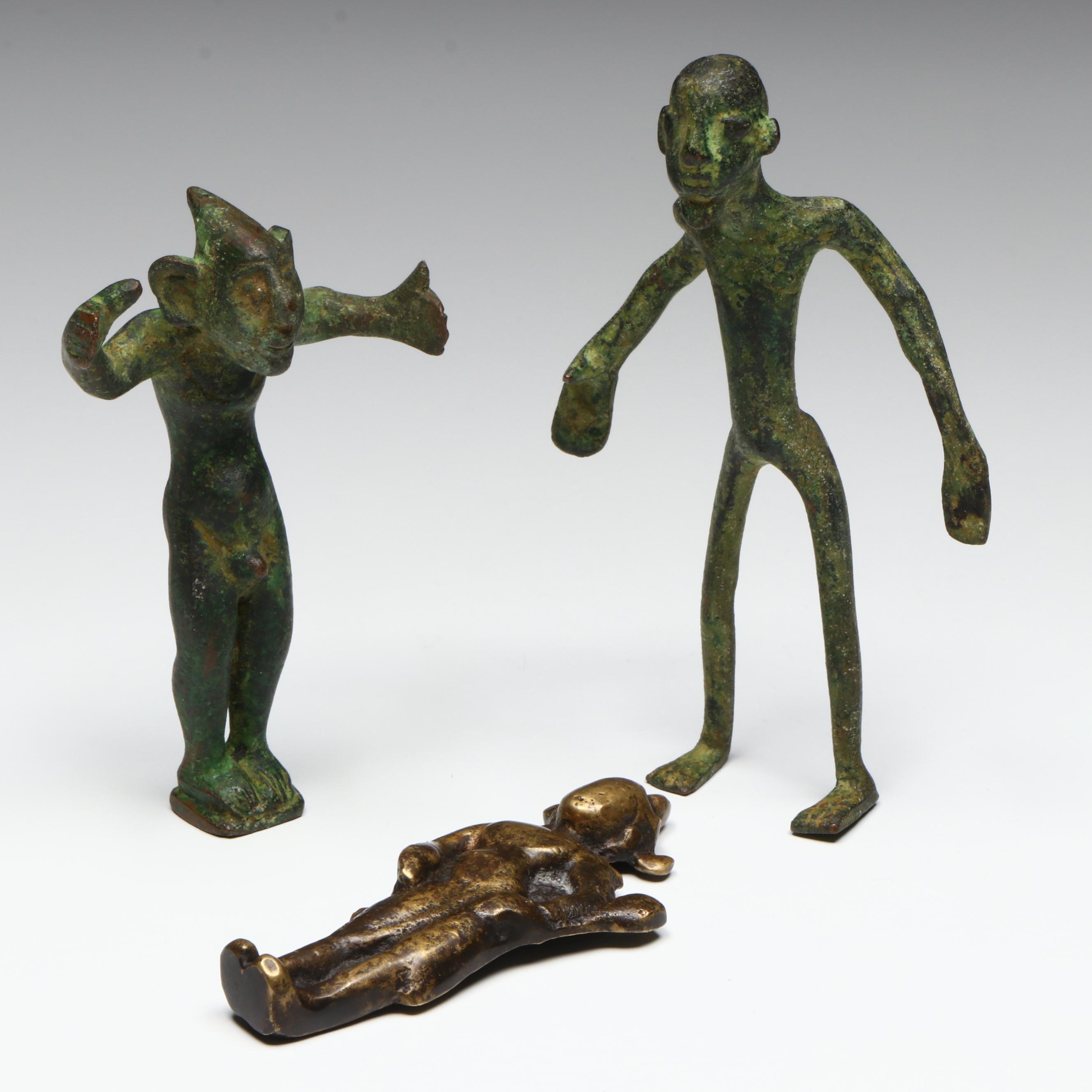 Antique/Vintage African Bronze Male Figures with South Asian Brass Deity