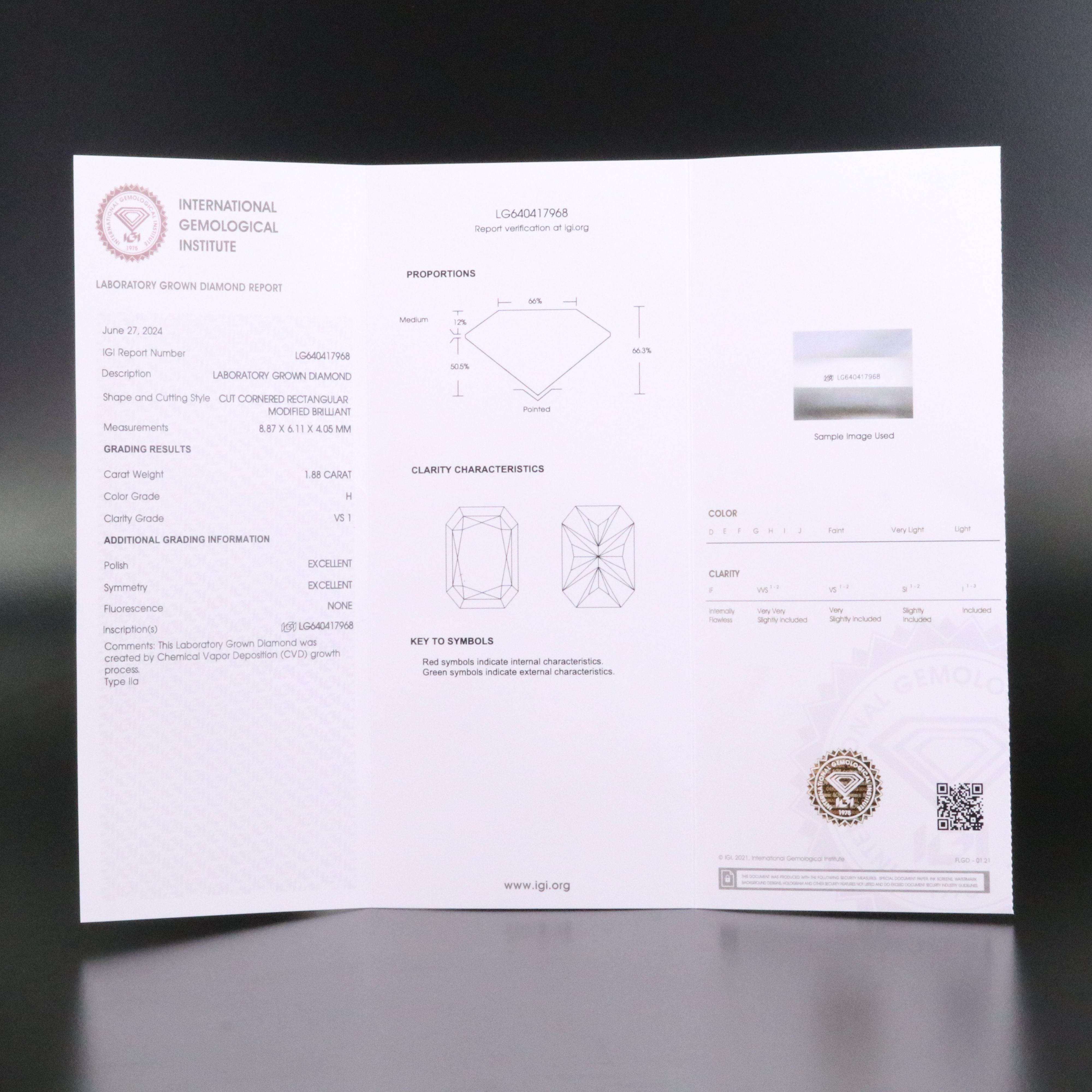 Loose 1.88 CT Lab Grown Diamond with IGI Report