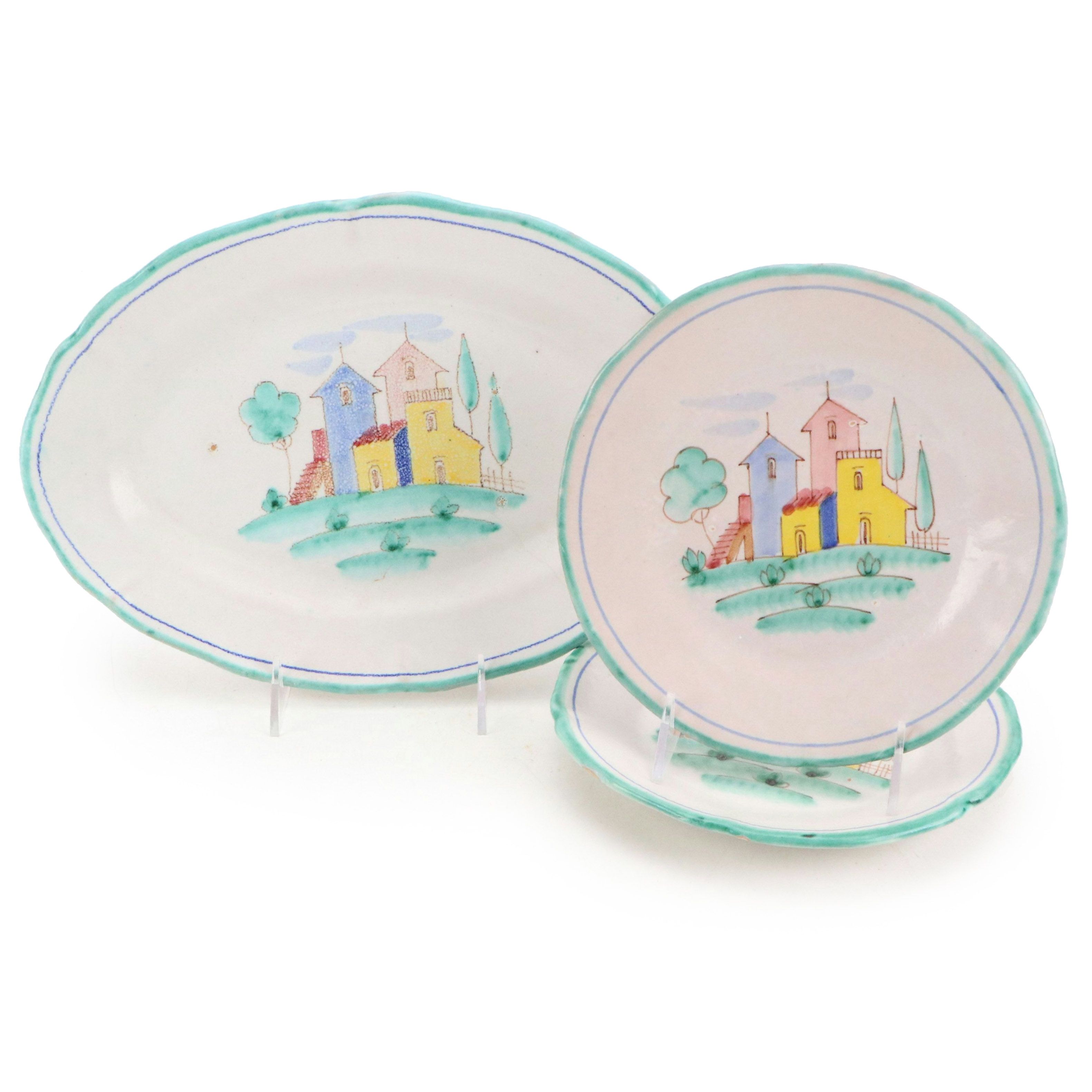 Vietri Italian Hand-Painted Ceramic Plates and Oval Serving Plate, Early 20th C.