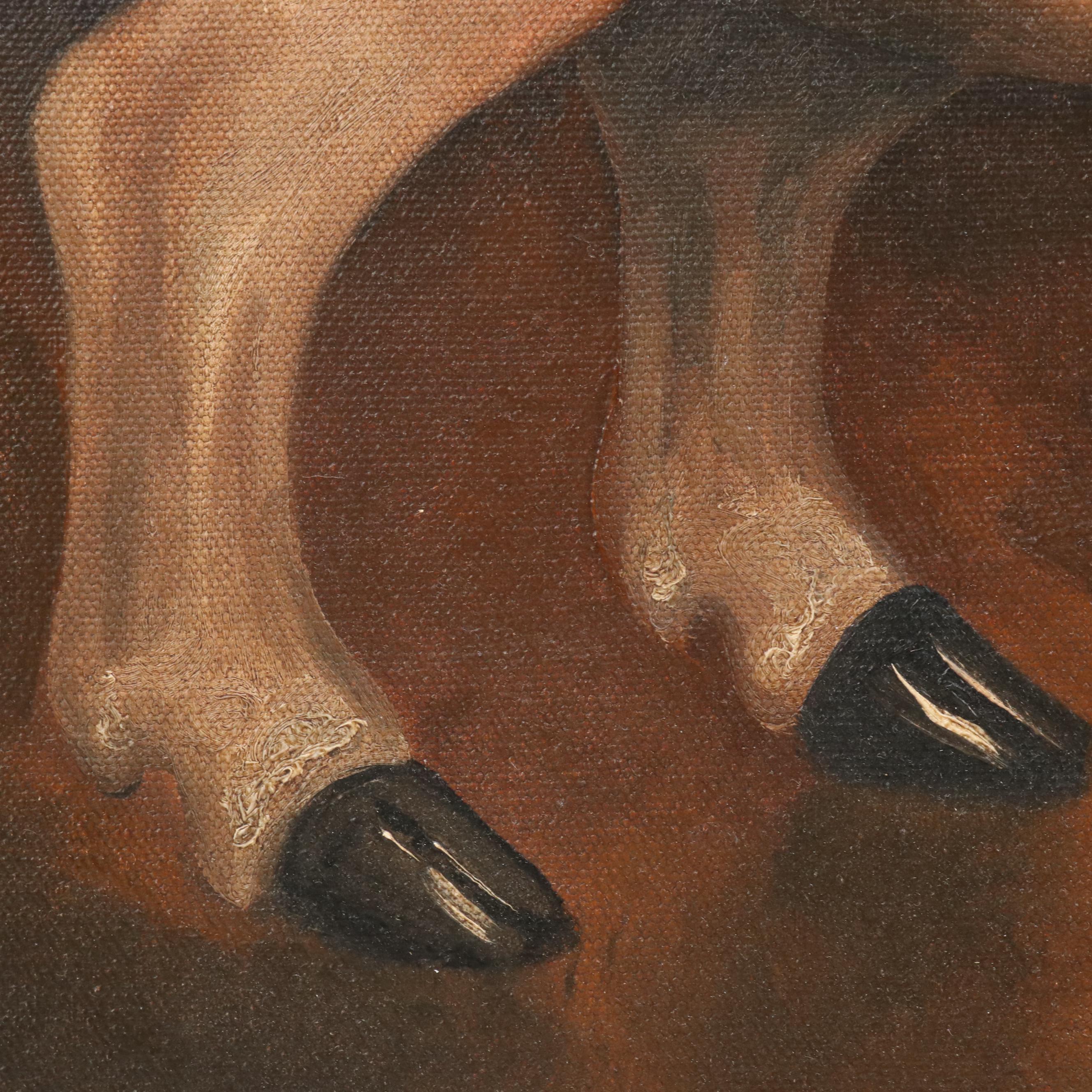 American Primitive Style Oil Painting of Sow Pig at Sunset