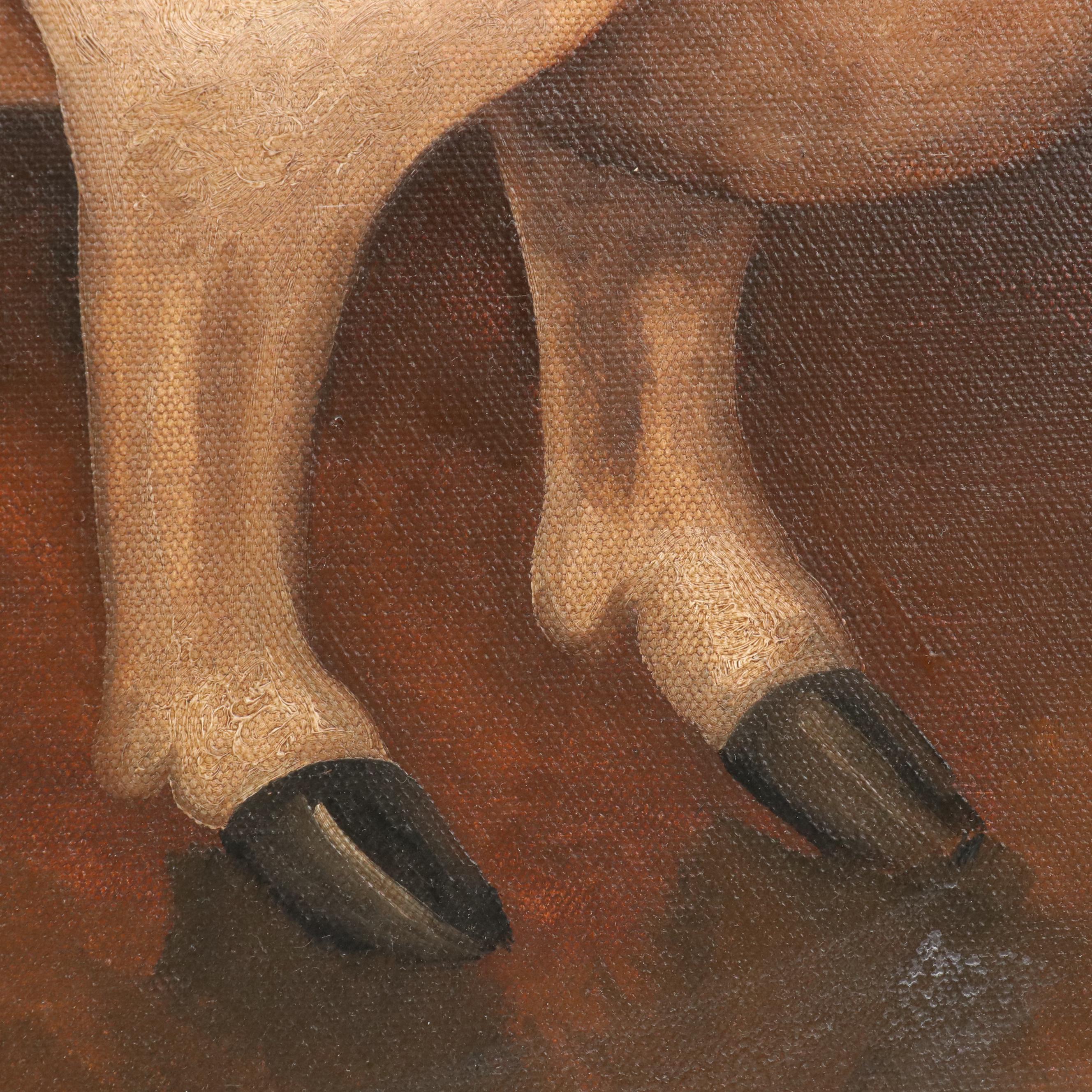 American Primitive Style Oil Painting of Sow Pig at Sunset