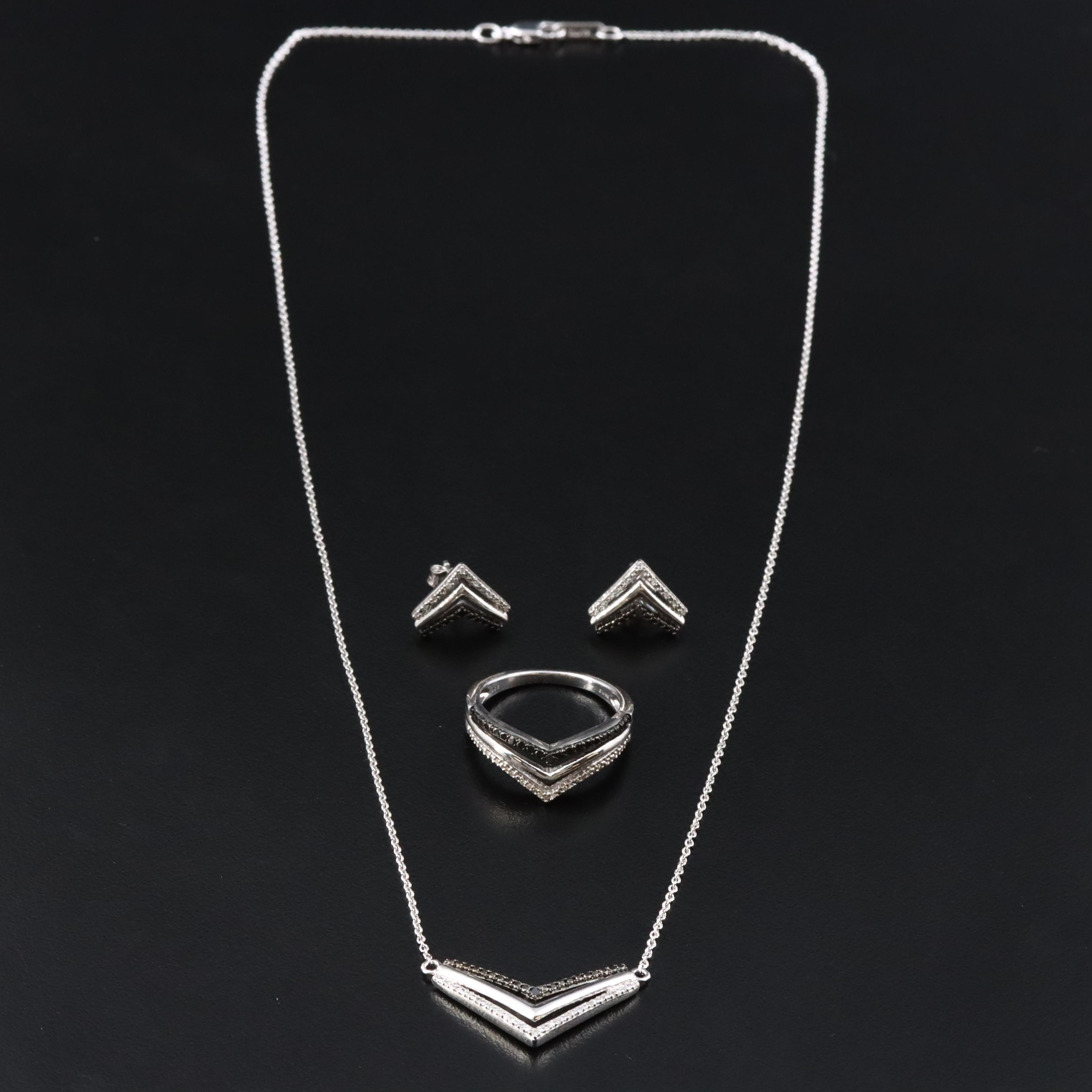 Sterling Diamond Chevron Set with Necklace,Earrings, Ring and Black Diamonds