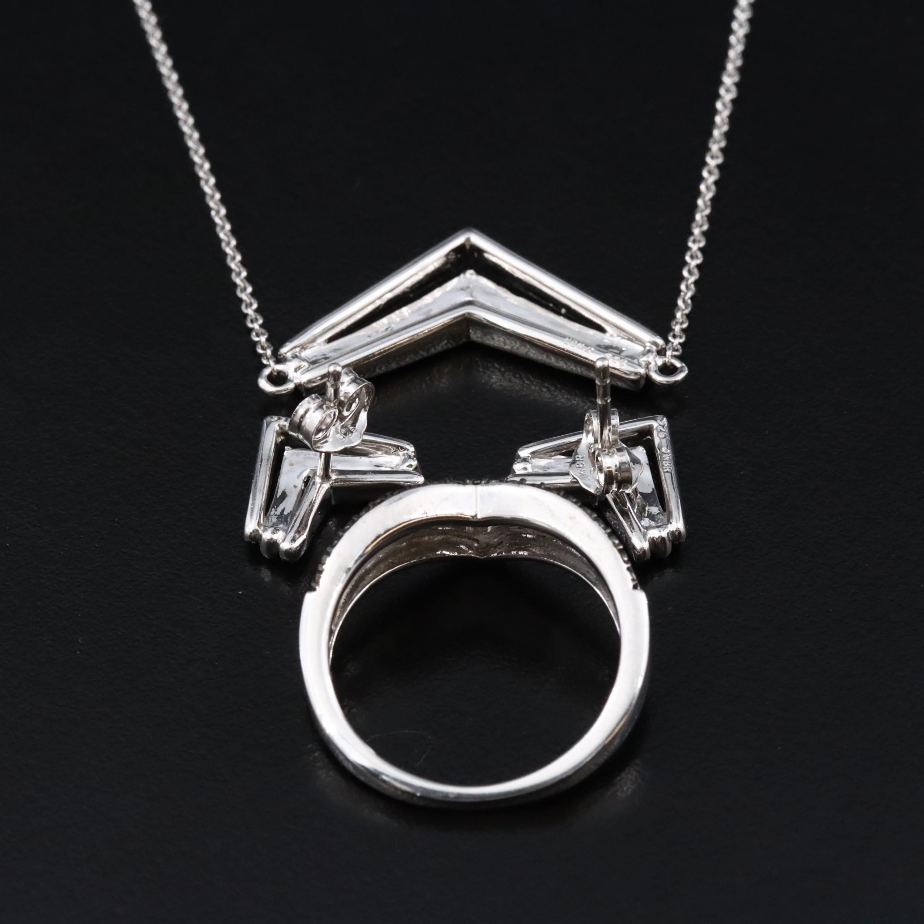 Sterling Diamond Chevron Set with Necklace,Earrings, Ring and Black Diamonds