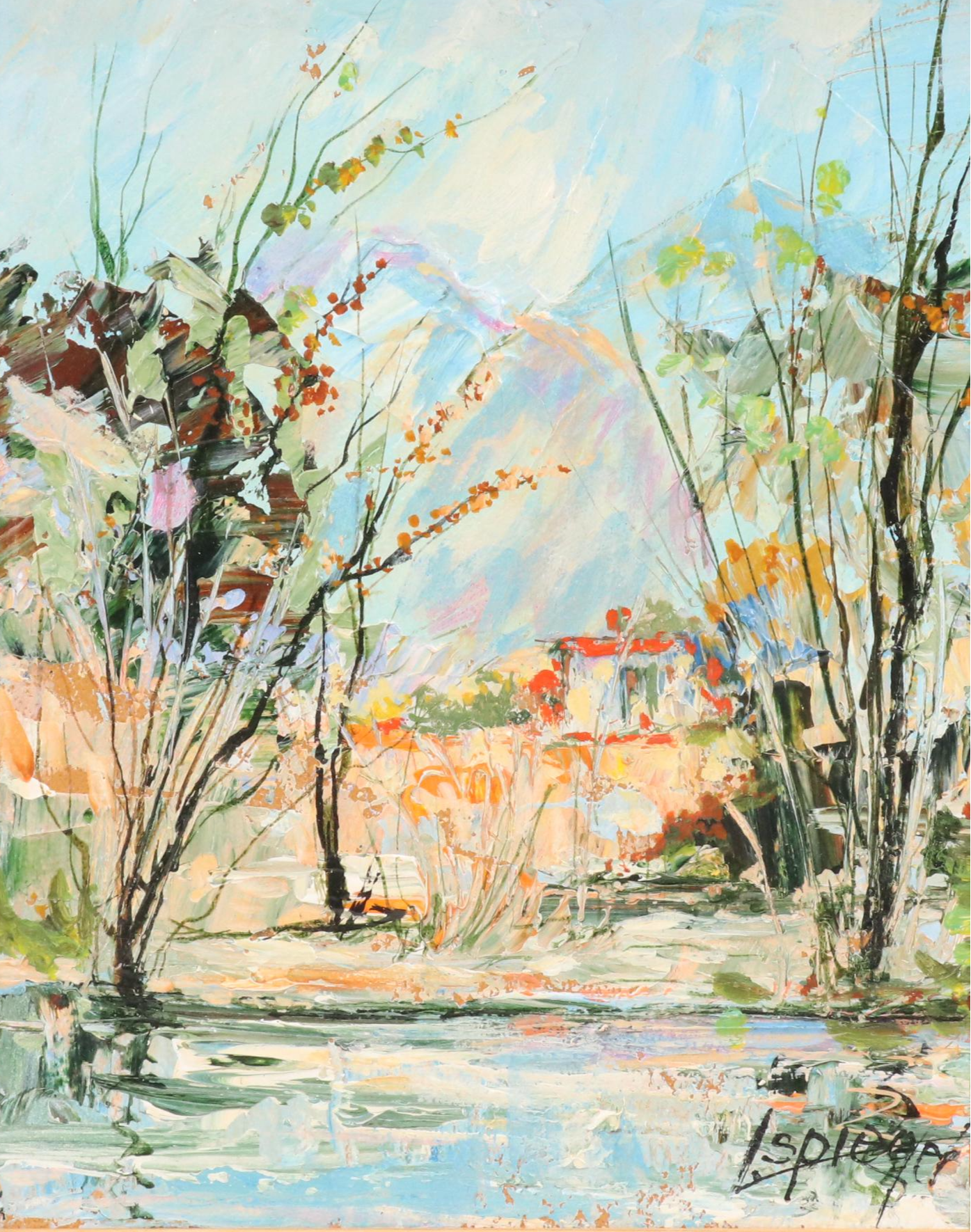 Louis Spiegel Landscape Impasto Oil Painting of Riverfront House, 1969