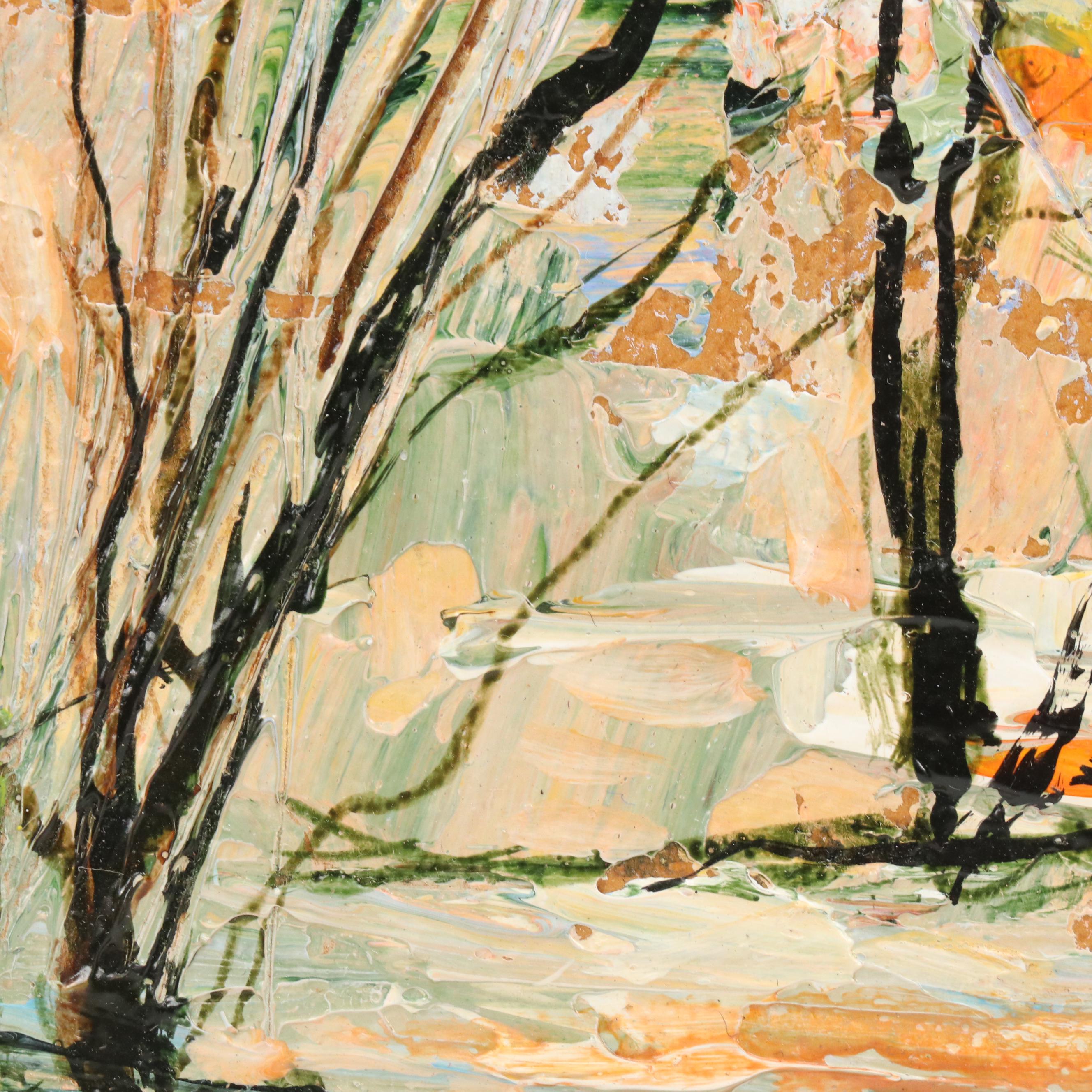 Louis Spiegel Landscape Impasto Oil Painting of Riverfront House, 1969