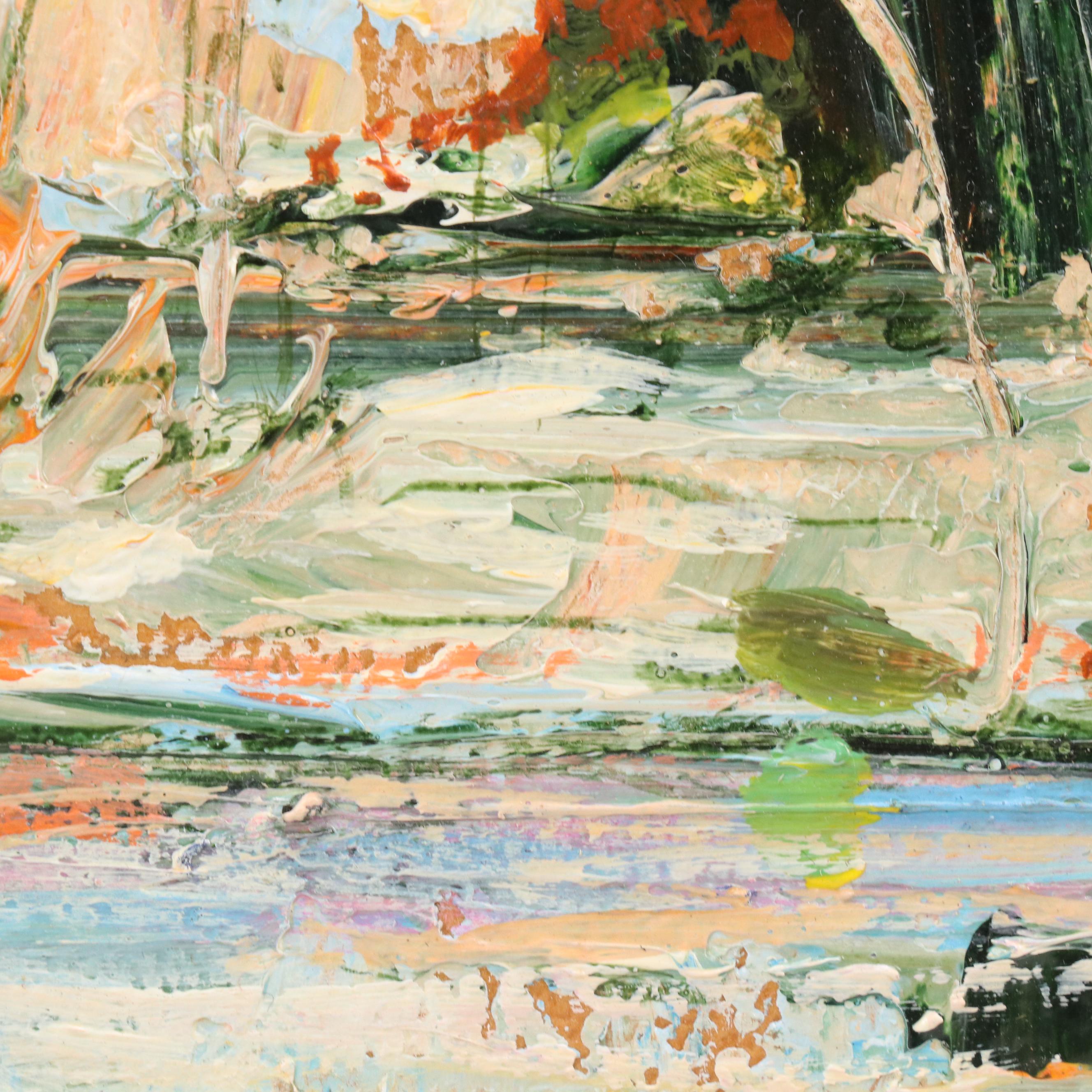 Louis Spiegel Landscape Impasto Oil Painting of Riverfront House, 1969