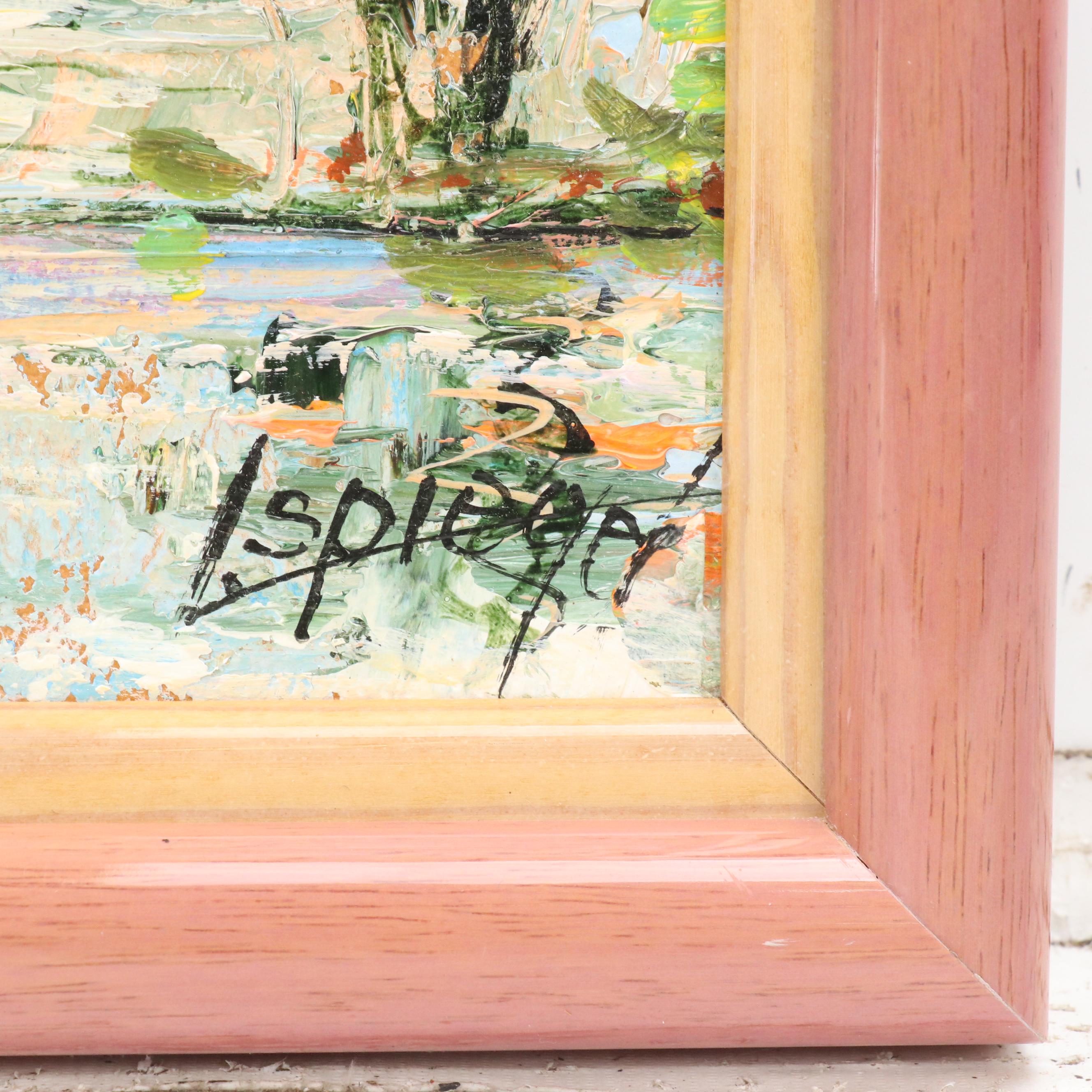 Louis Spiegel Landscape Impasto Oil Painting of Riverfront House, 1969