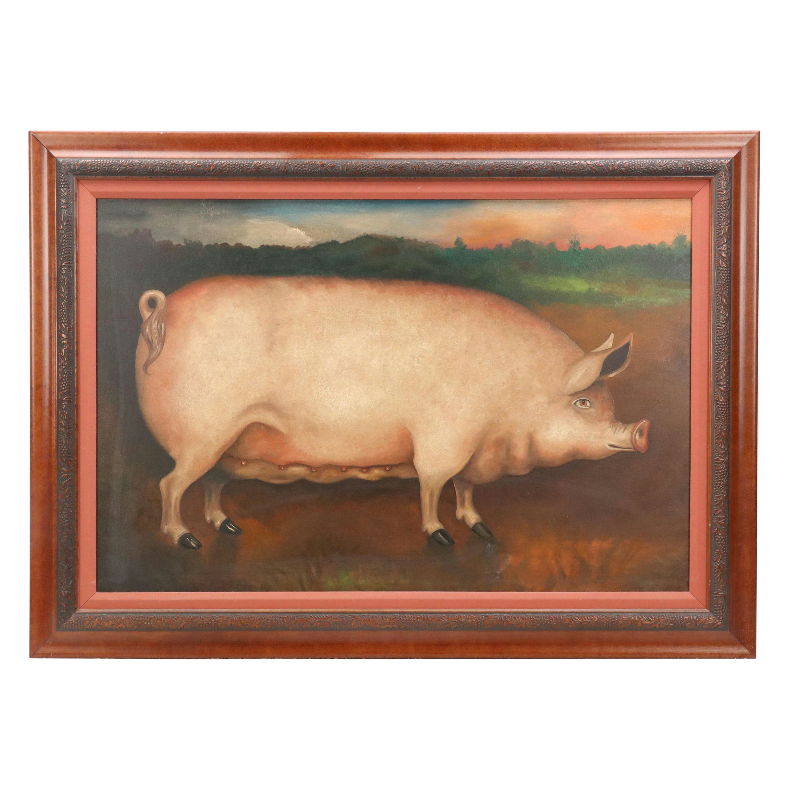 American Primitive Style Oil Painting of Sow Pig at Sunset