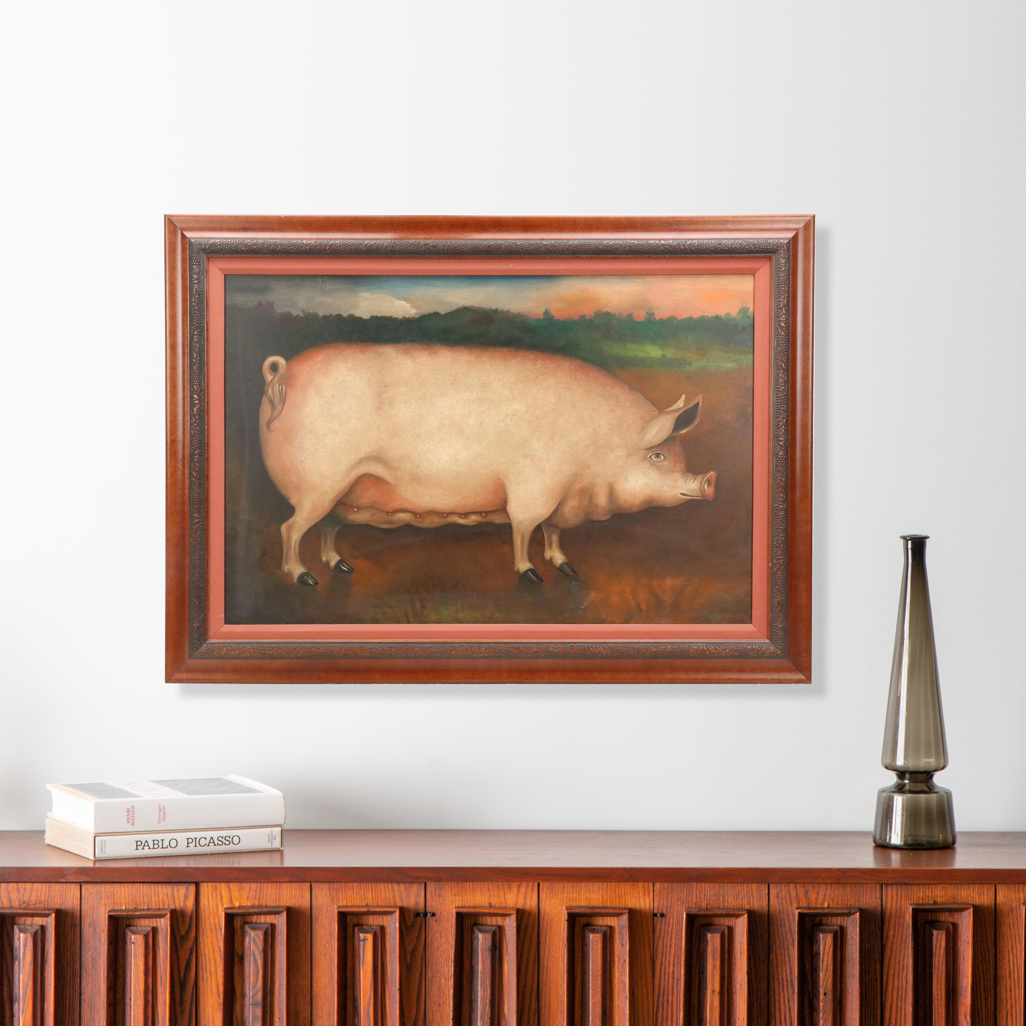 American Primitive Style Oil Painting of Sow Pig at Sunset