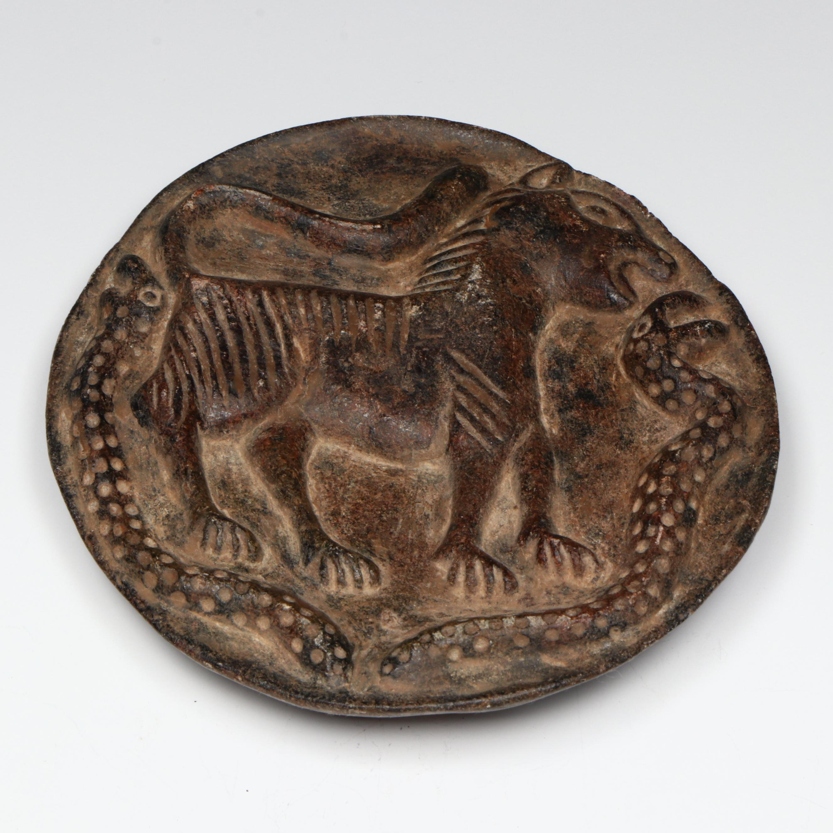 Ancient Near Eastern Sasanian Carved Stone Tiger and Snake Plaque